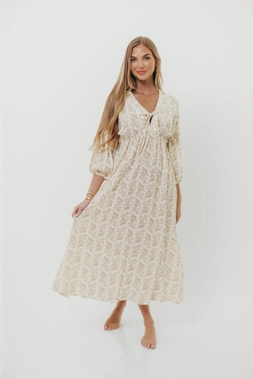 Business casual Lounge Texture Hunter 100% Cotton Gauze Midi Dress in Natural/Tan Floral - Bump Friendly *9/22 PRE-ORDER*
