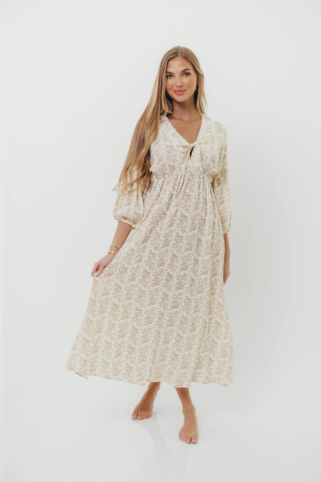 Business casual Lounge Texture Hunter 100% Cotton Gauze Midi Dress in Natural/Tan Floral - Bump Friendly *9/22 PRE-ORDER*