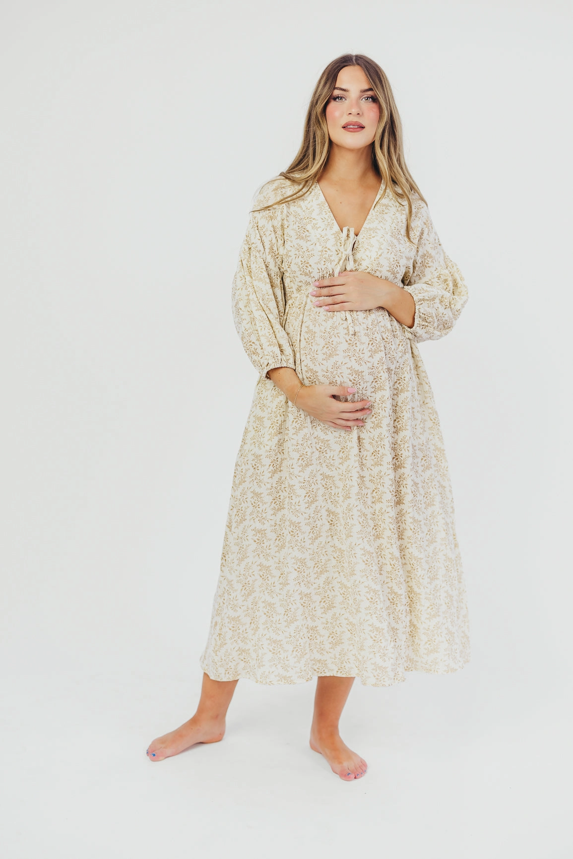 Hunter 100% Cotton Gauze Midi Dress in Natural/Tan Floral - Bump Friendly *9/22 PRE-ORDER* sweet moment