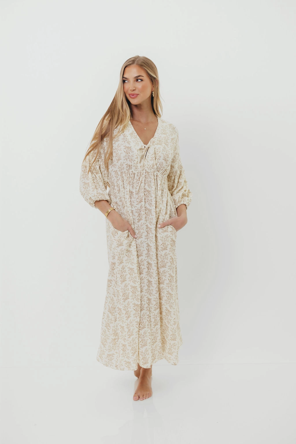 Cozy Touch Easy Movement Hunter 100% Cotton Gauze Midi Dress in Natural/Tan Floral - Bump Friendly *9/22 PRE-ORDER*
