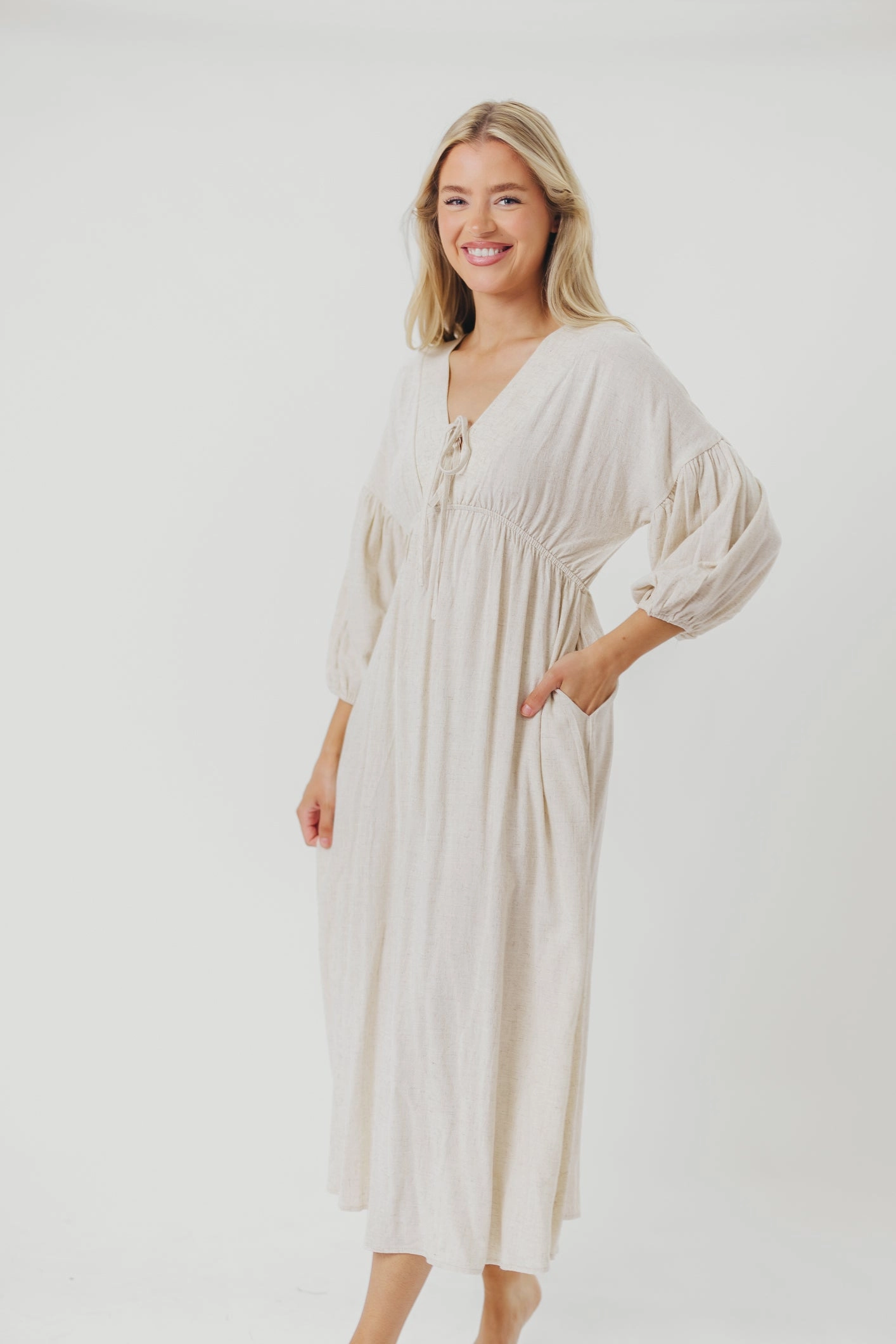 Hunter Linen-Blend Midi Dress in Greige - Bump Friendly *9/22 PRE-ORDER* Minimal Tone Waist Seam