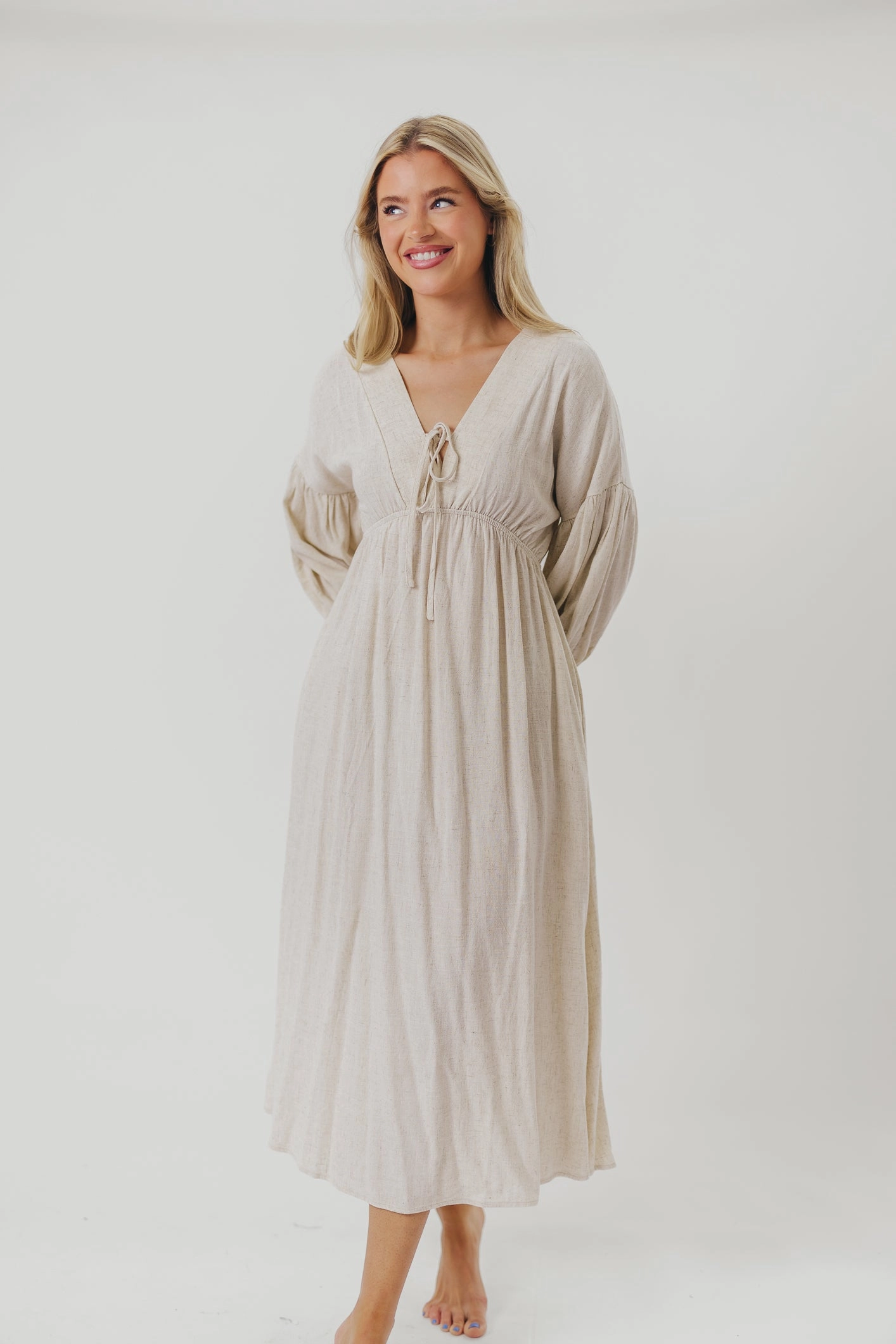 Hunter Linen-Blend Midi Dress in Greige - Bump Friendly *9/22 PRE-ORDER* Comfortable fit for outings Color Glow