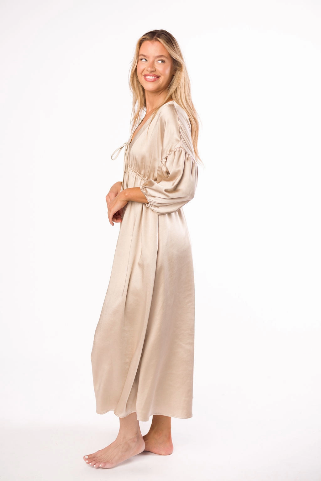 Hunter Premium *Satin* Midi Dress in Champagne - Bump Friendly *Final-Sale* Ruffle Detail Air Touch