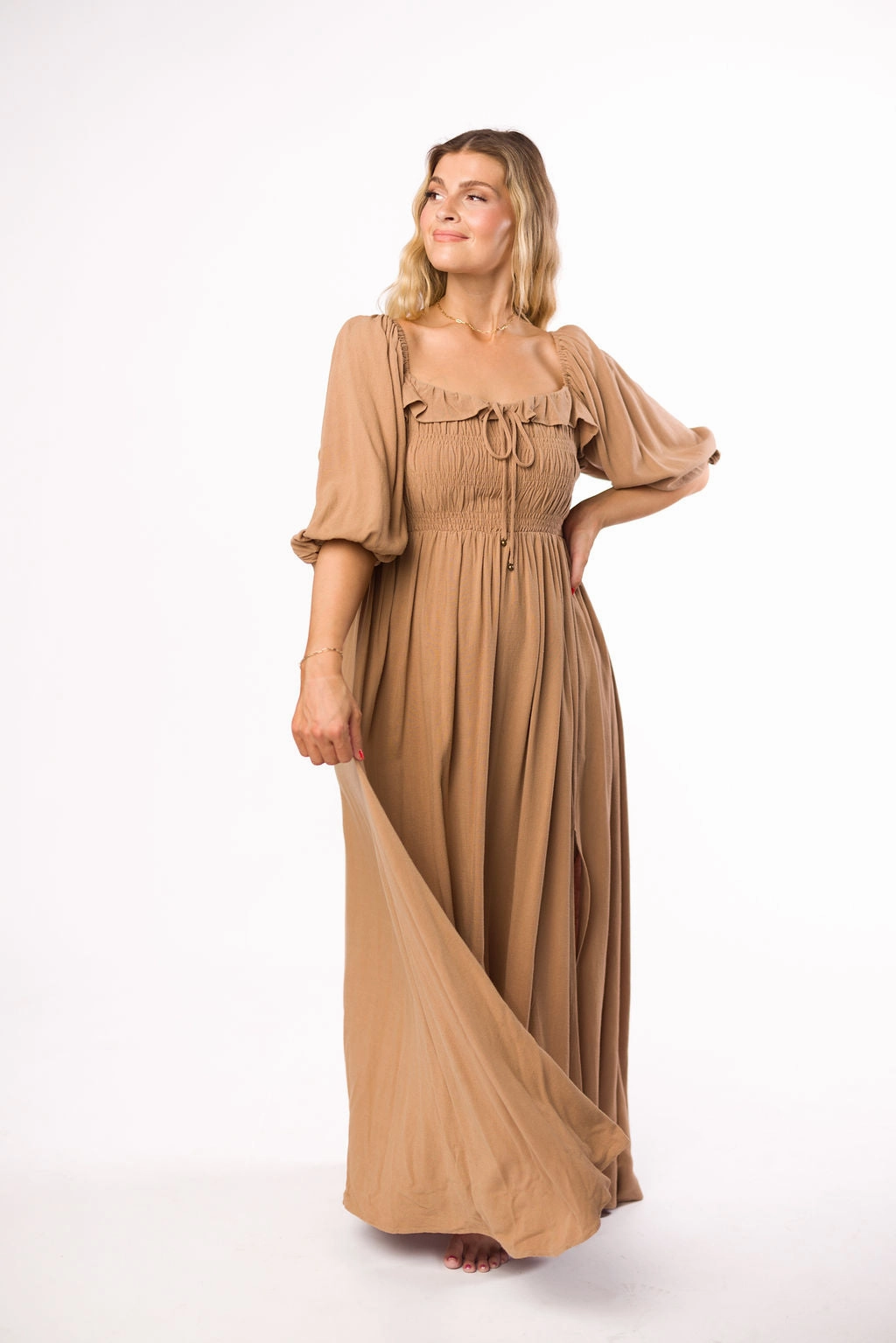 Street Motion Subtle Glow Devon Smocked Maxi Dress in Taupe - Bump Friendly *Final-Sale*