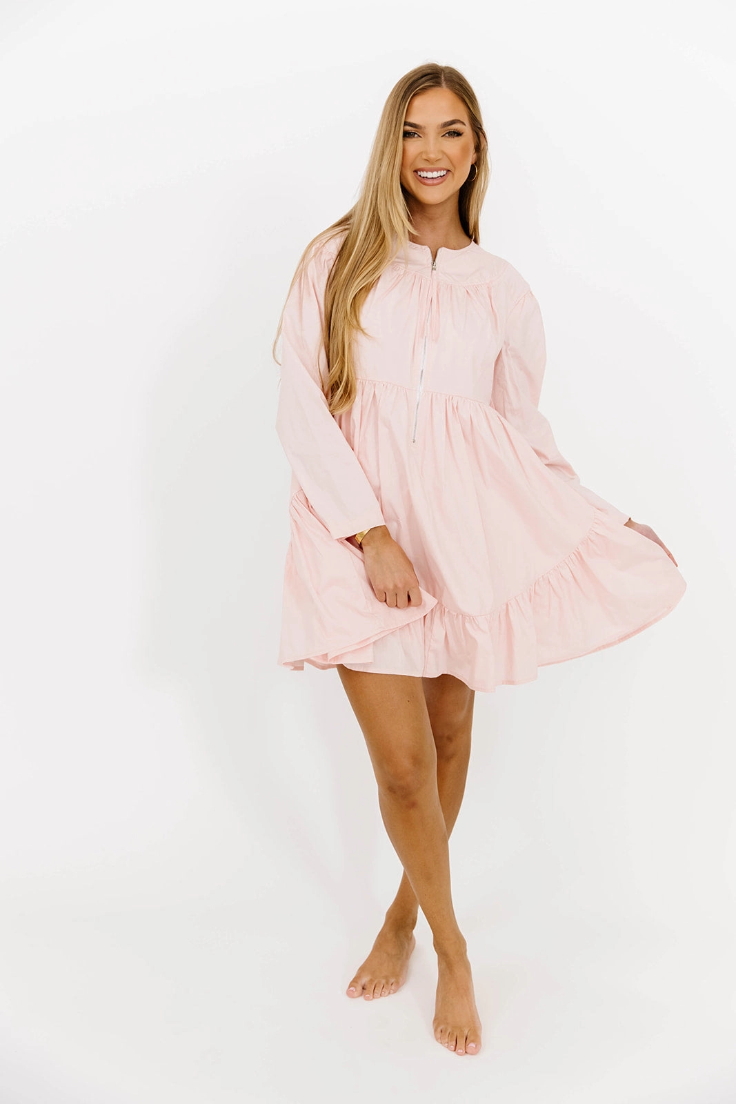 Ines Poplin Mini Dress with Zipper in Pink *Final-Sale* Subtle Lines