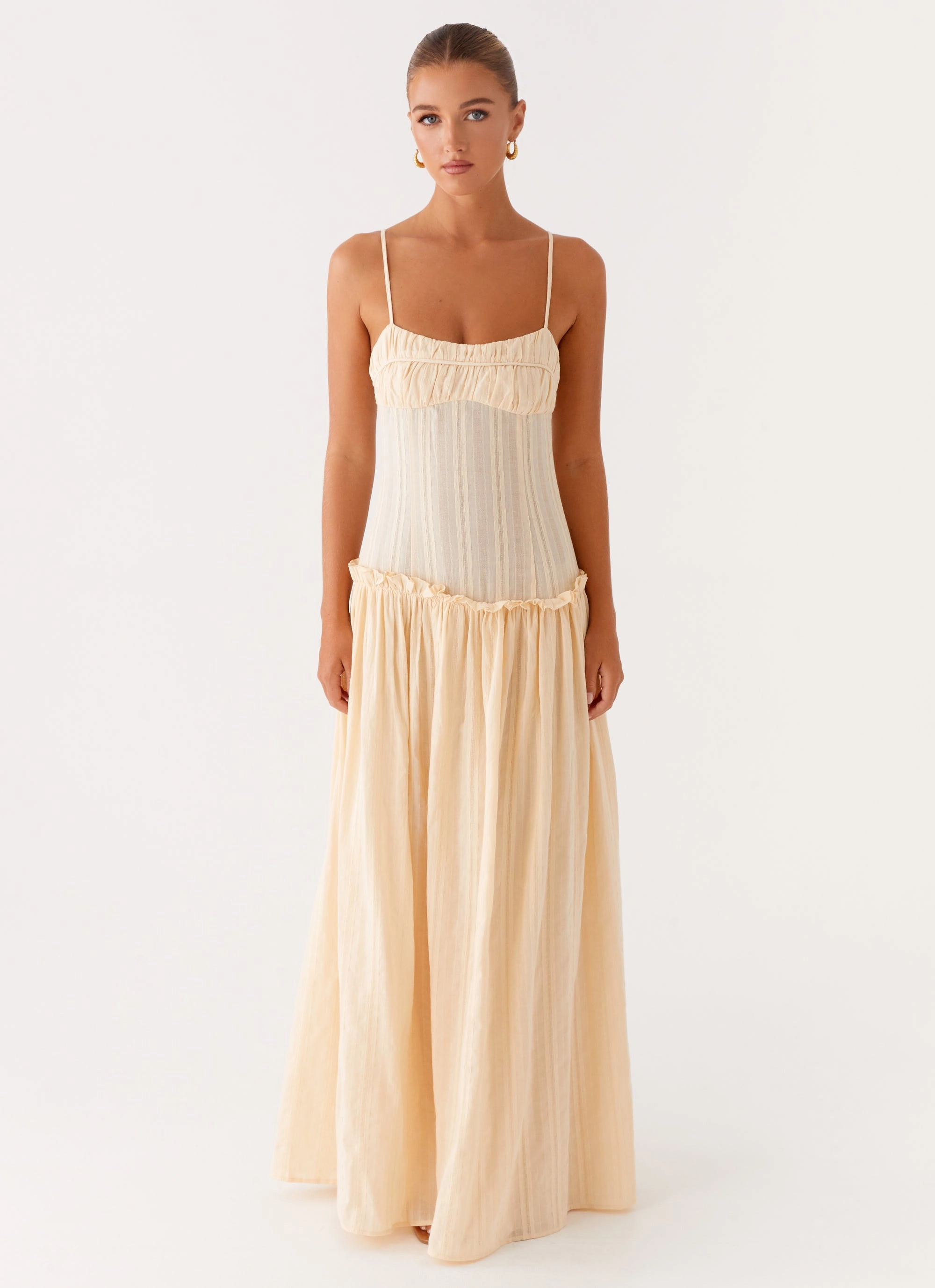 Jacinda Drop Waist Maxi Dress - Cream Silky Shine Belted-Style