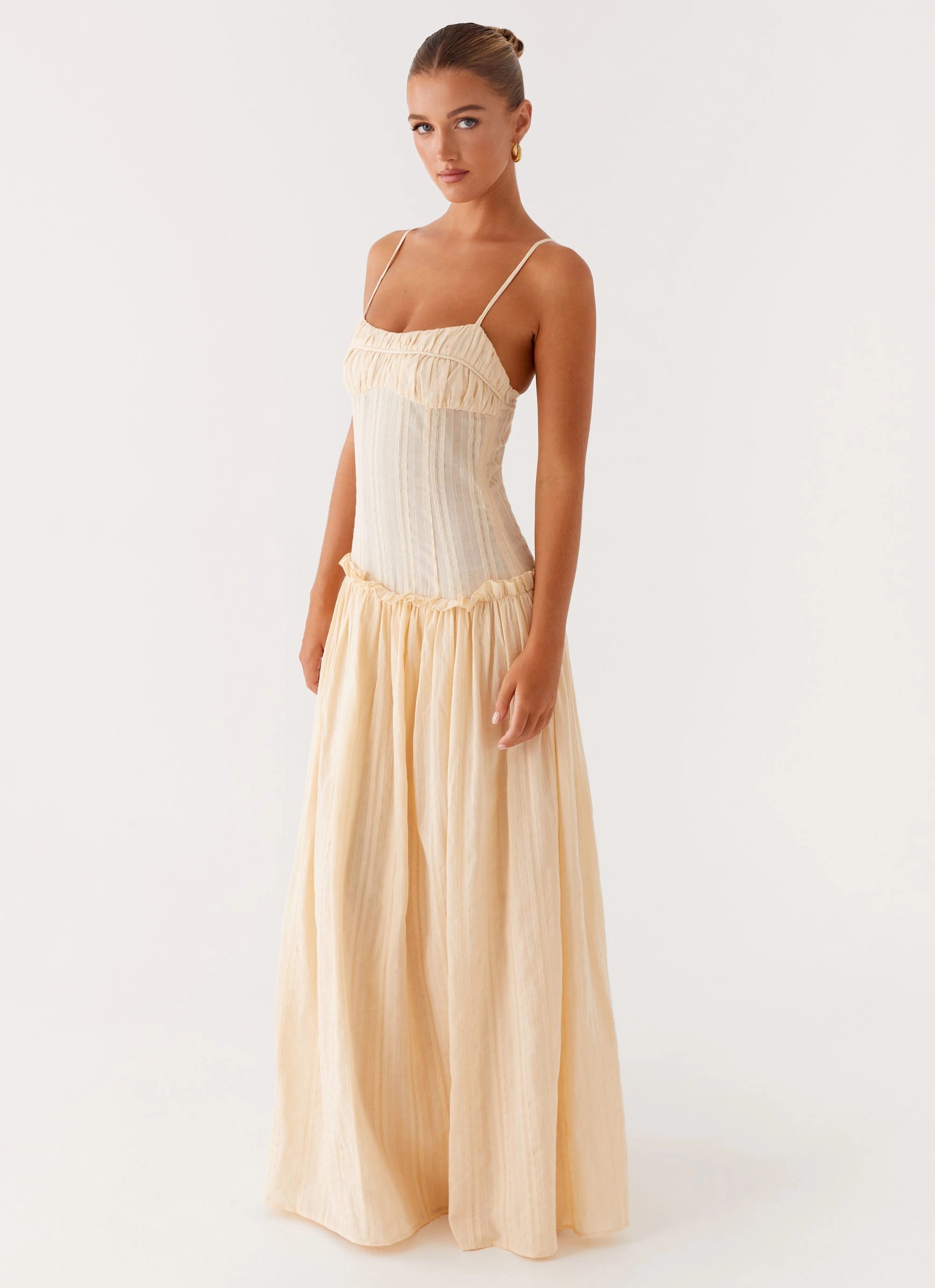 Euro Ease Side Ruching Jacinda Drop Waist Maxi Dress - Cream
