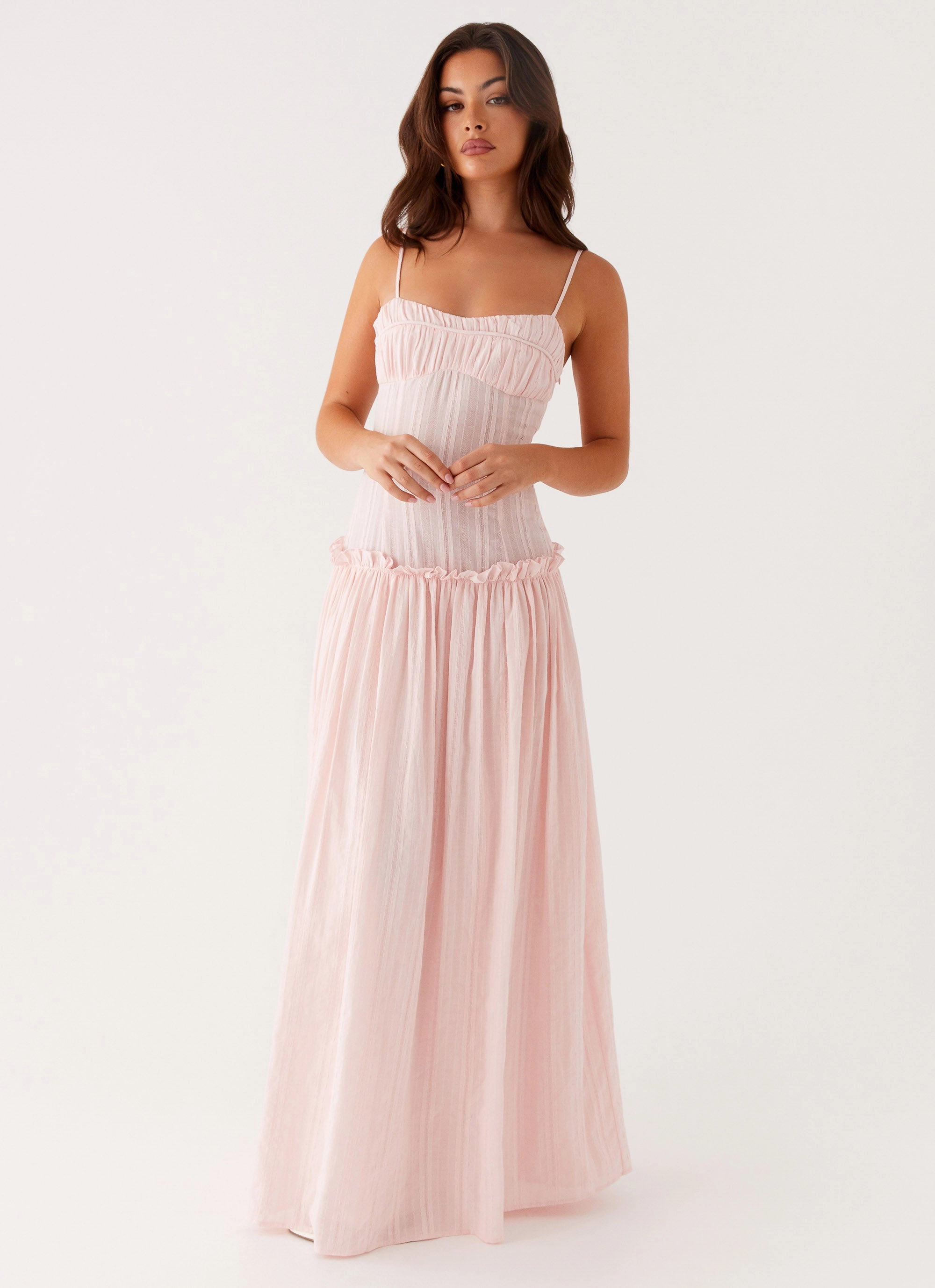 Jacinda Drop Waist Maxi Dress - Pink Mini-Length Modest Look
