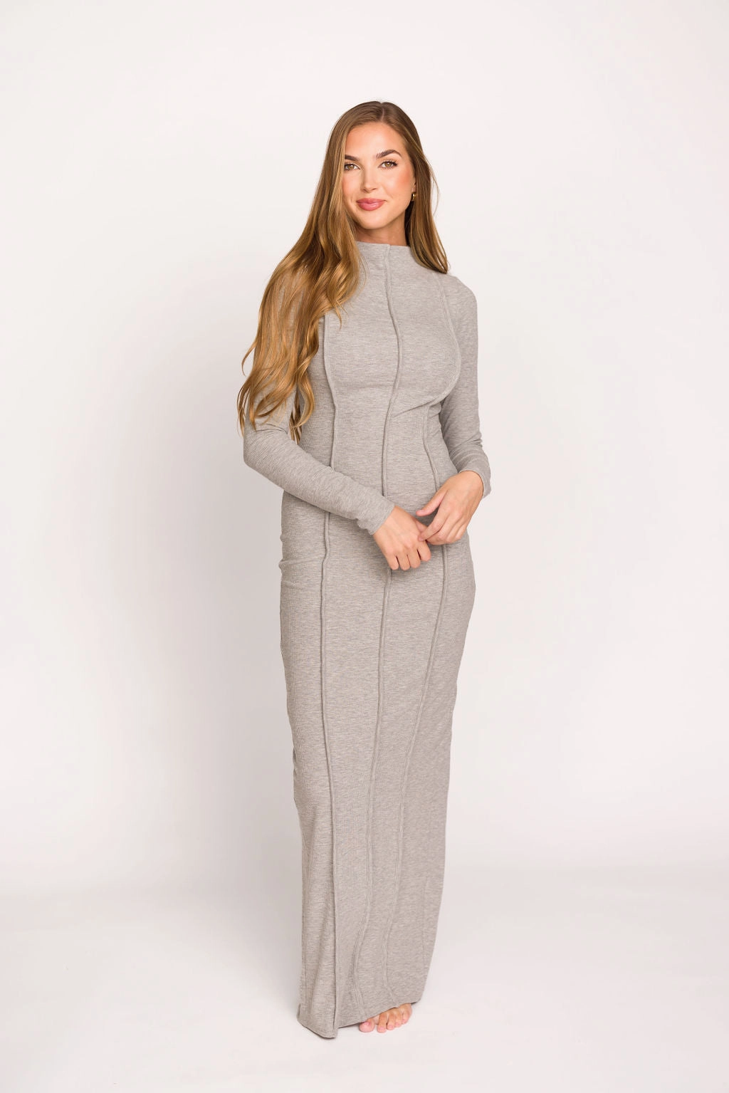 Jackie Knit Maxi Dress With Back Slit in Heather Grey Flexible Fabric Minimal Detail