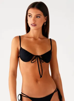 Neutral-Tones Wave Defying Stitching Jaiya Tie Bikini Top - Black