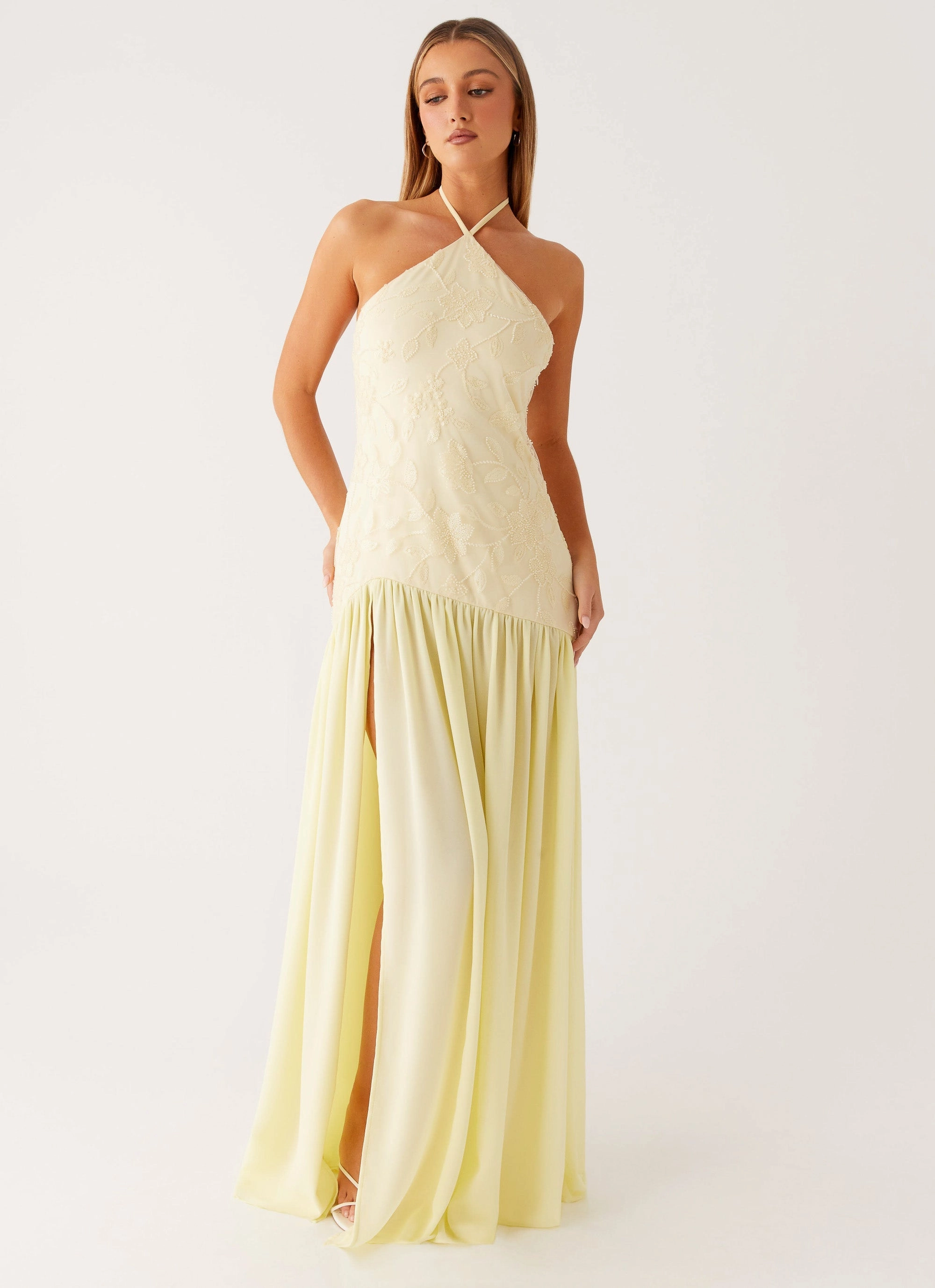 Festive Wear Feminine Vibe Janelle Beaded Maxi Dress - Yellow