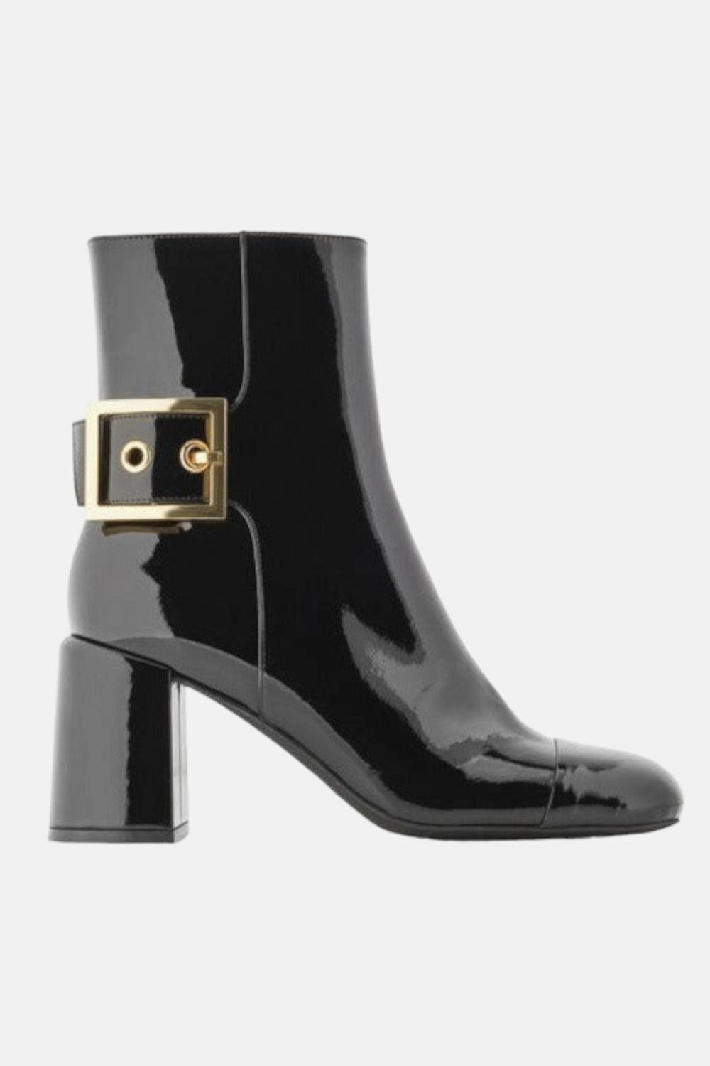 Puddle Safe All Day Wear Jeffrey Campbell Academy Buckle Ankle Boot in Black Patent Gold