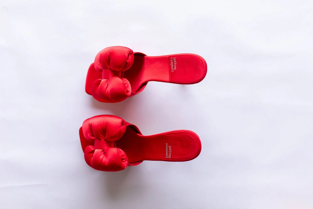 Jeffrey Campbell Deedee Red Satin Bow Heel suede look Trendy Boots