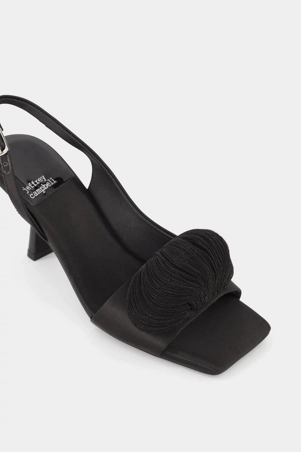 Timeless Sandals Statement Color Jeffrey Campbell Duffy Kitten Heels in Black Satin