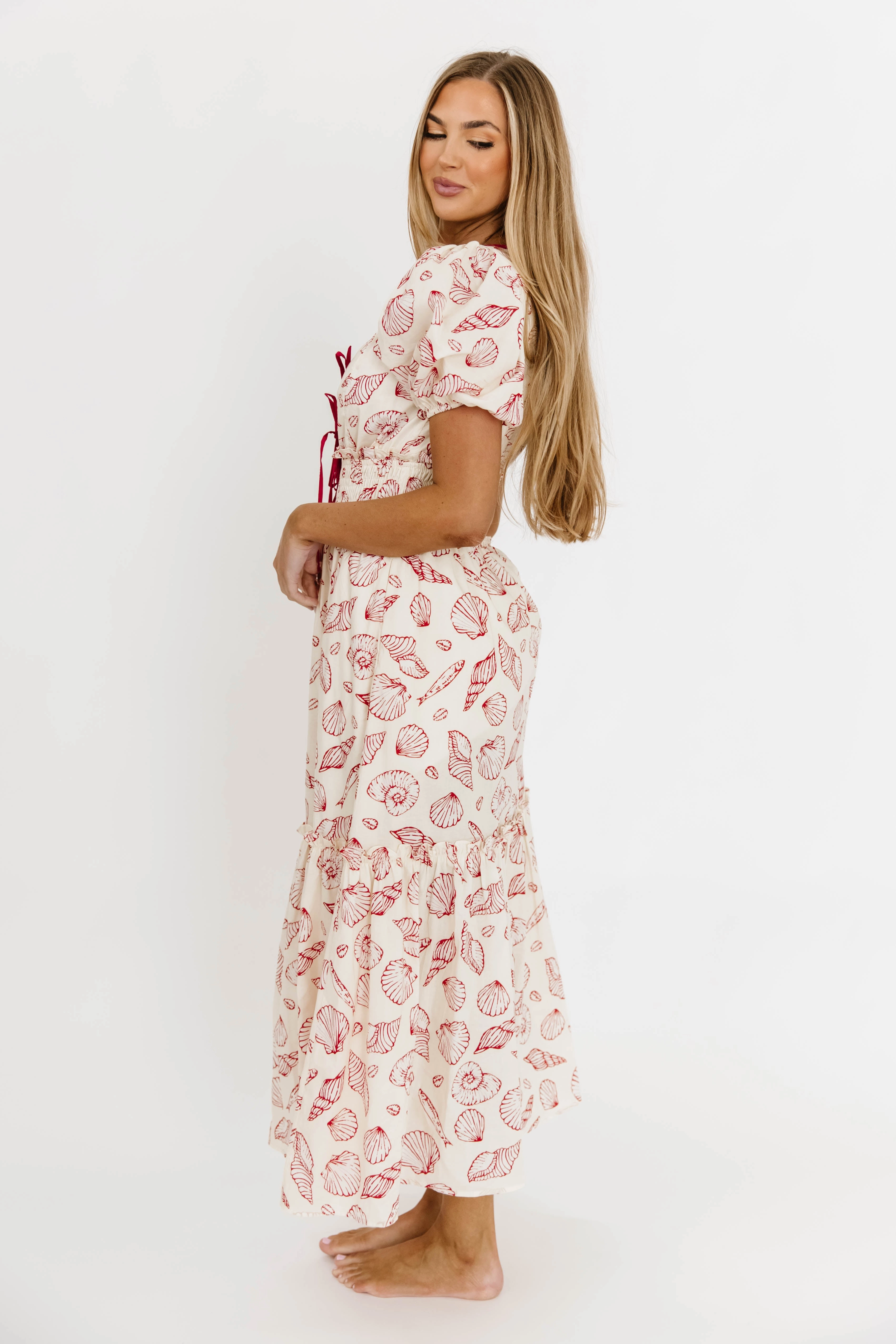 Jesse 100% Cotton Midi Dress With Puff Sleeves in Red *Final-Sale* Dew Tone