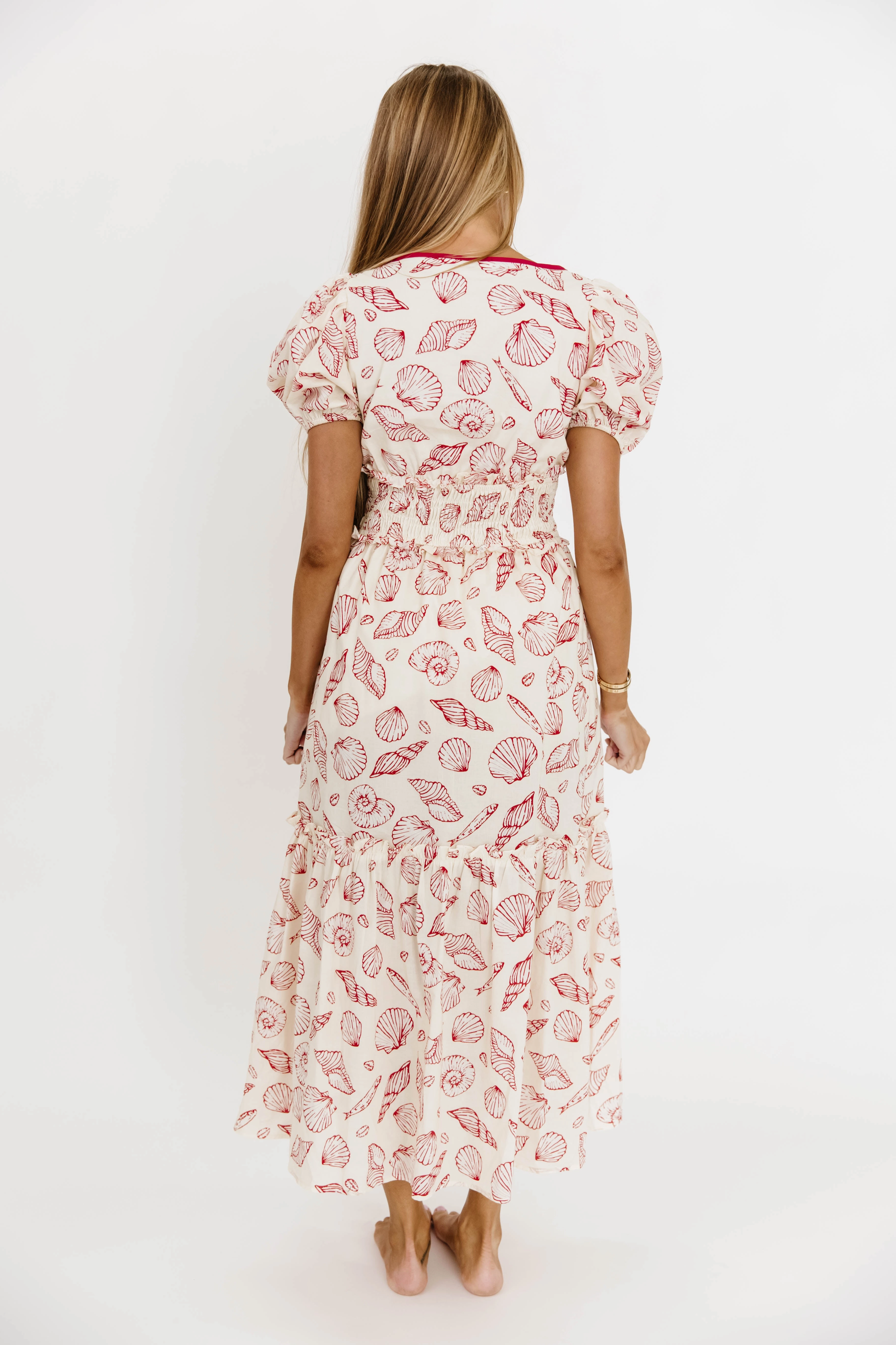 Jesse 100% Cotton Midi Dress With Puff Sleeves in Red *Final-Sale* Lightweight and Breezy Comfy Detail