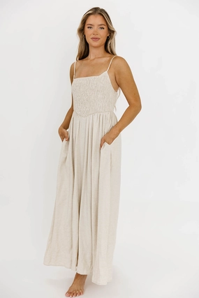 Josefina Smocked Maxi Dress in Natural - Bump Friendly Elegant Finish