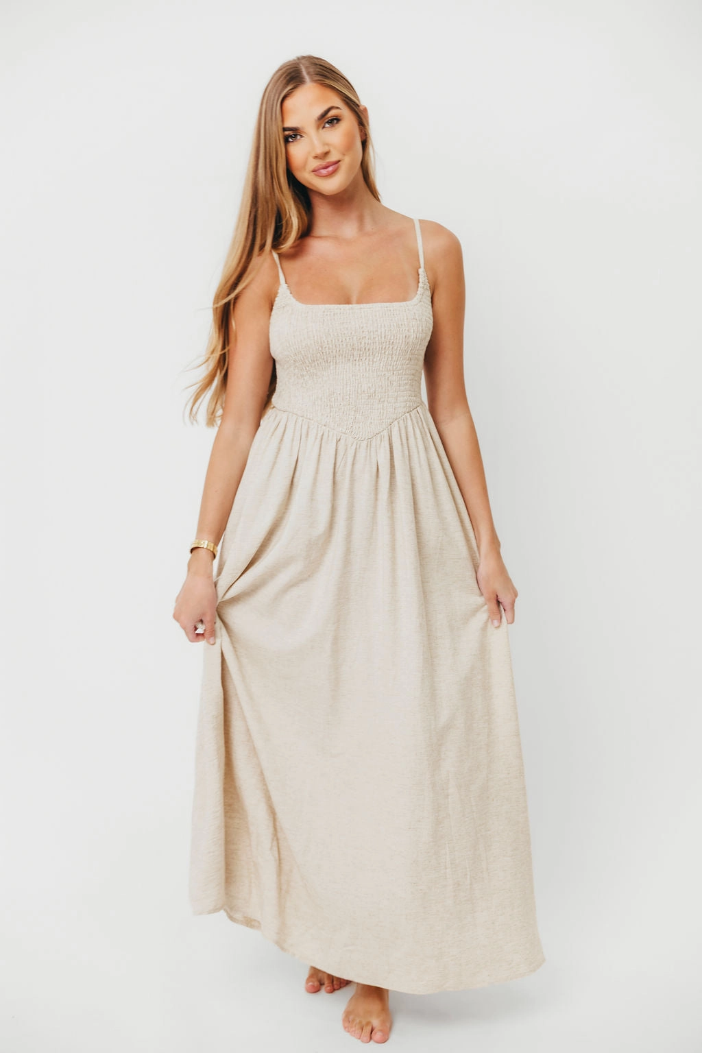 countryside Grace Flow Josefina Smocked Maxi Dress in Natural - Bump Friendly