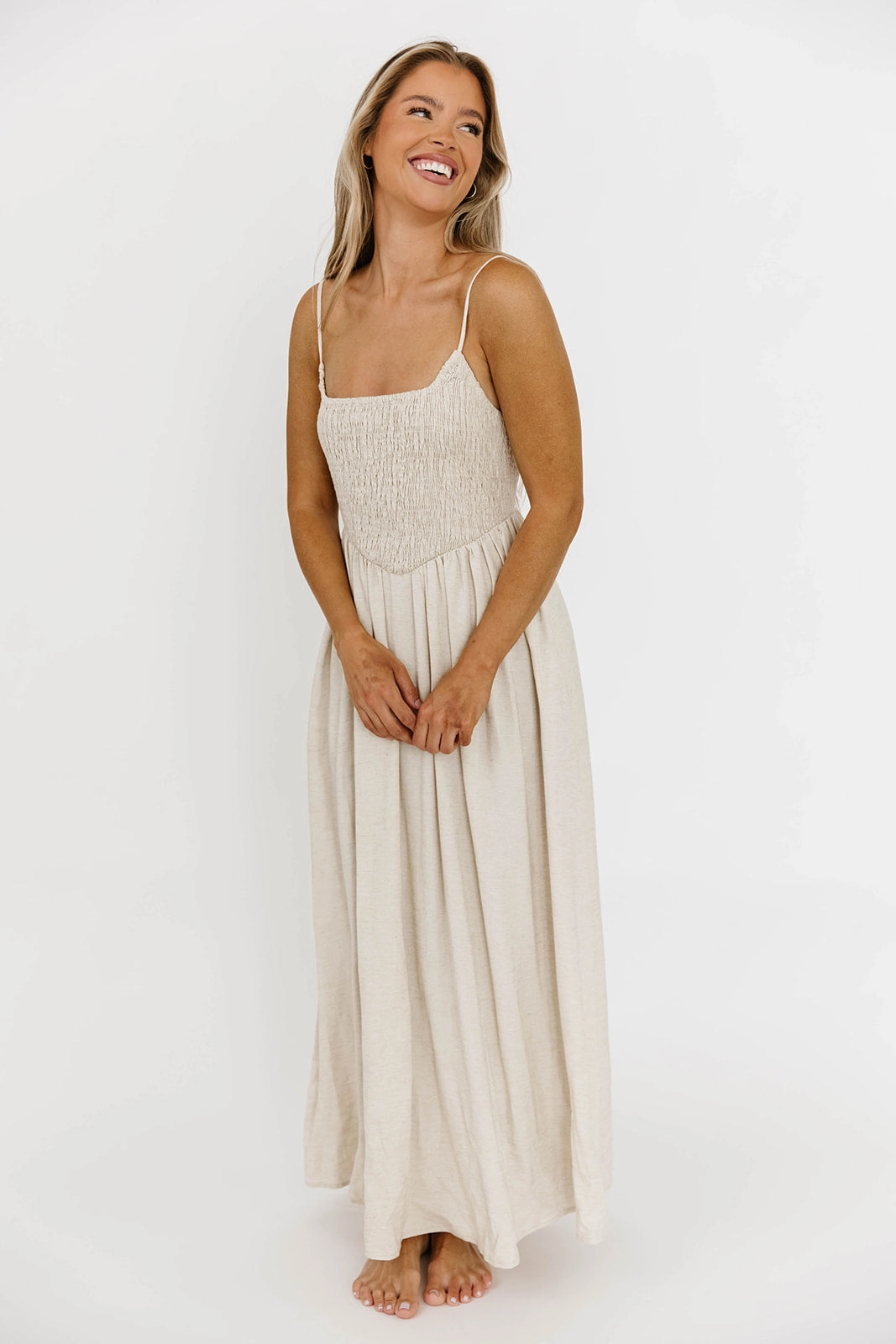 Josefina Smocked Maxi Dress in Natural - Bump Friendly Silky Movement