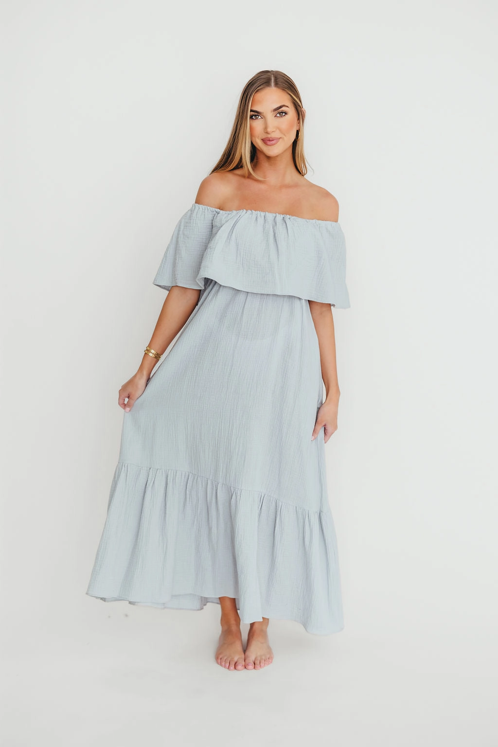 Sheer-Overlay Josie 100% Cotton Maxi Dress in Cloud - Bump & Nursing Friendly