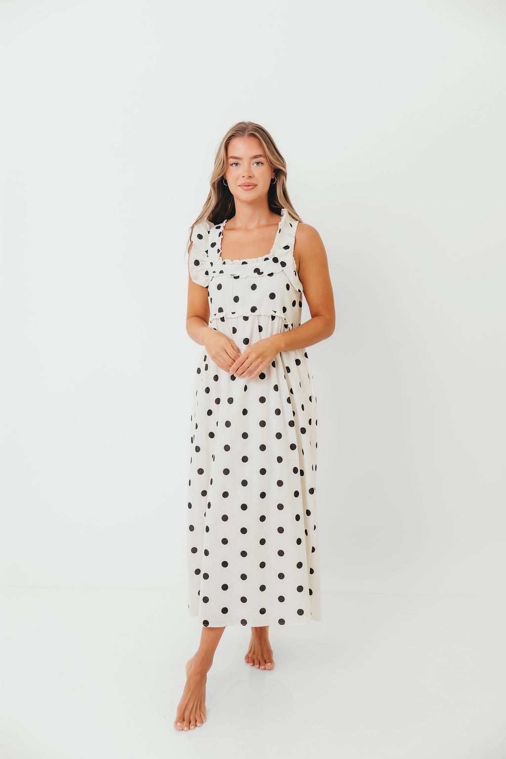 Breezy Fit Easy Draping Julia 100% Cotton Polka Dot Midi Dress in Cream/Black