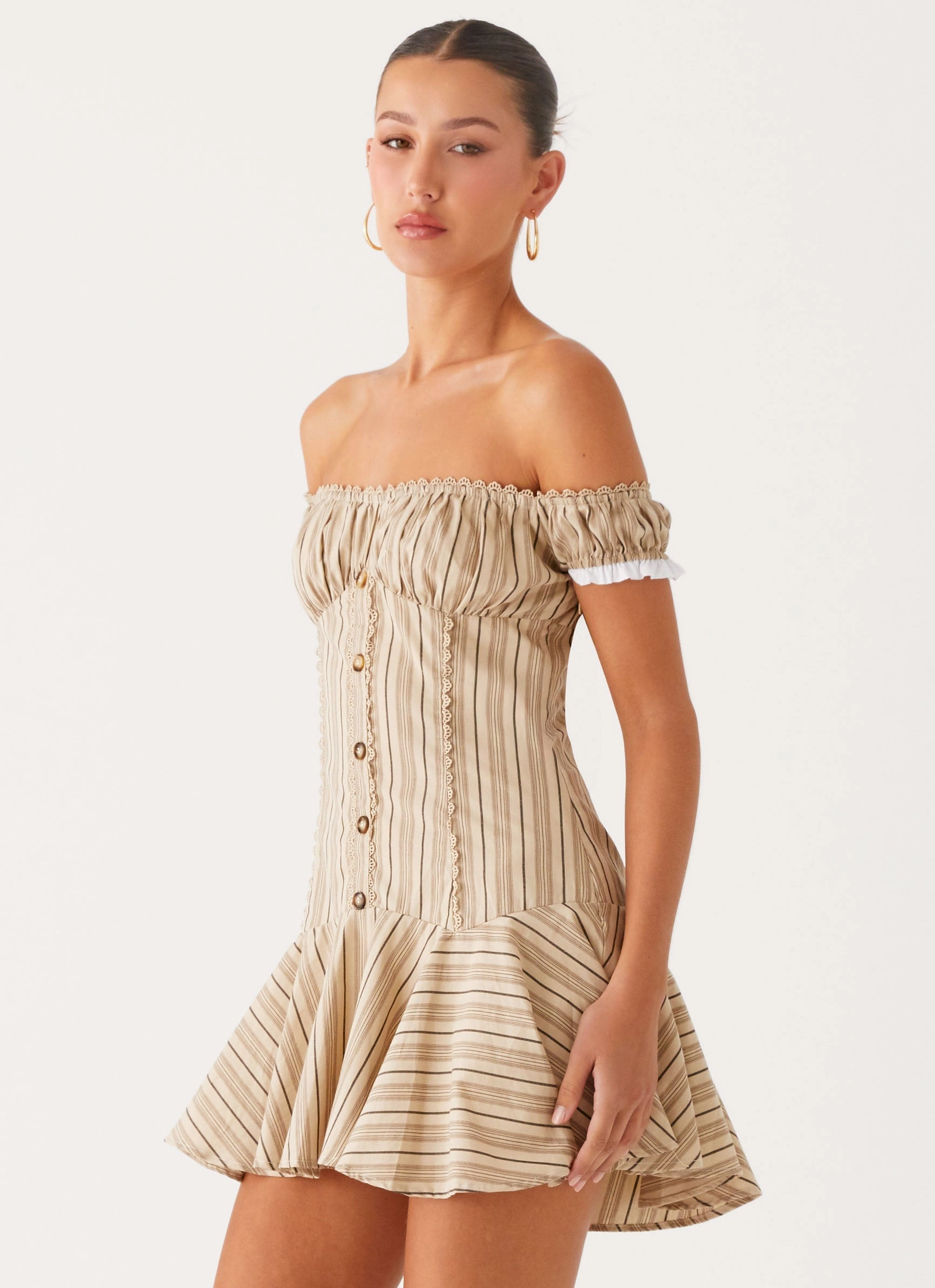 Jumana Off Shoulder Mini Dress - Off White Stripe Basic Fashion