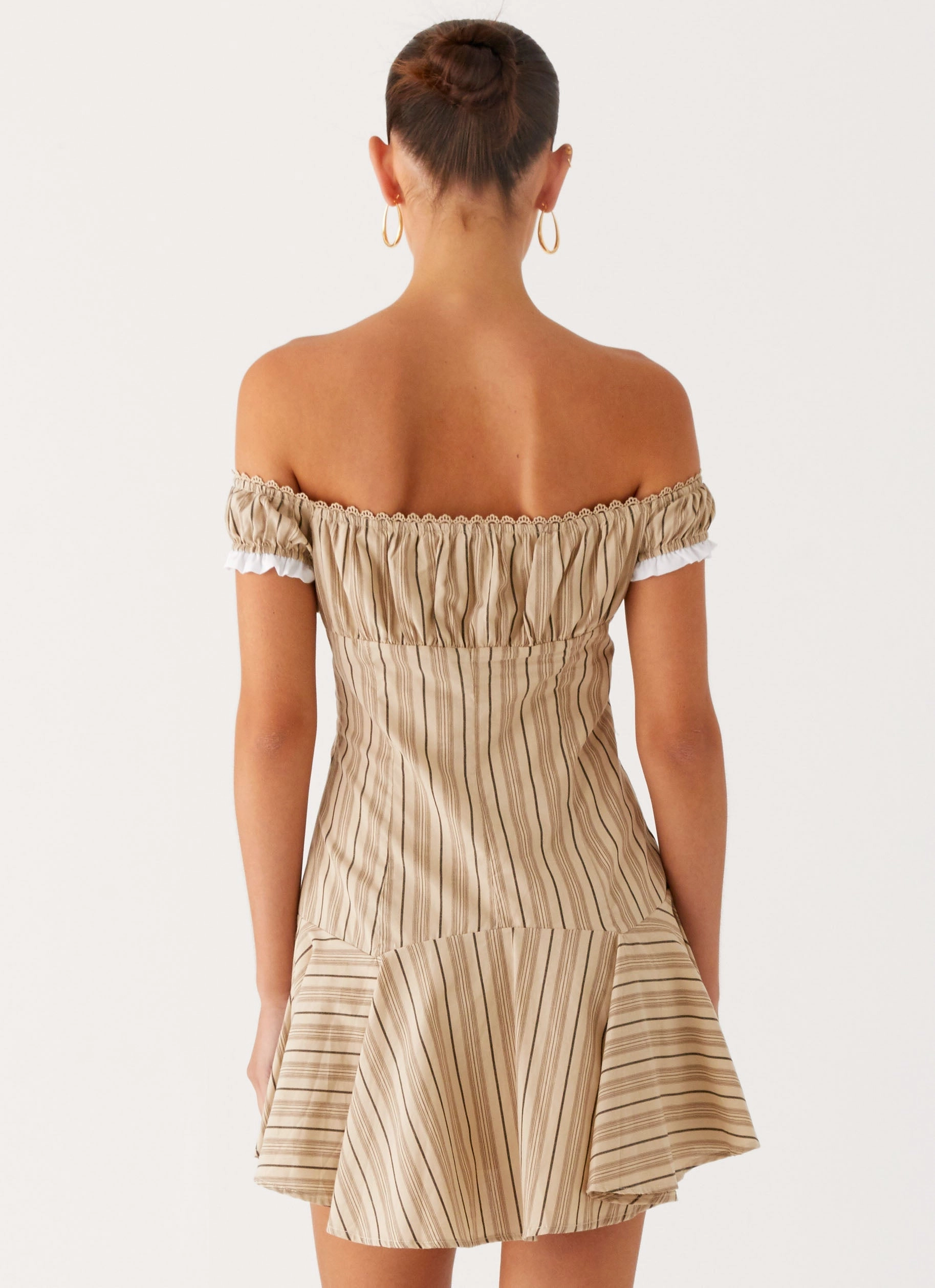 Sophisticated Line Airy Drape Jumana Off Shoulder Mini Dress - Off White Stripe