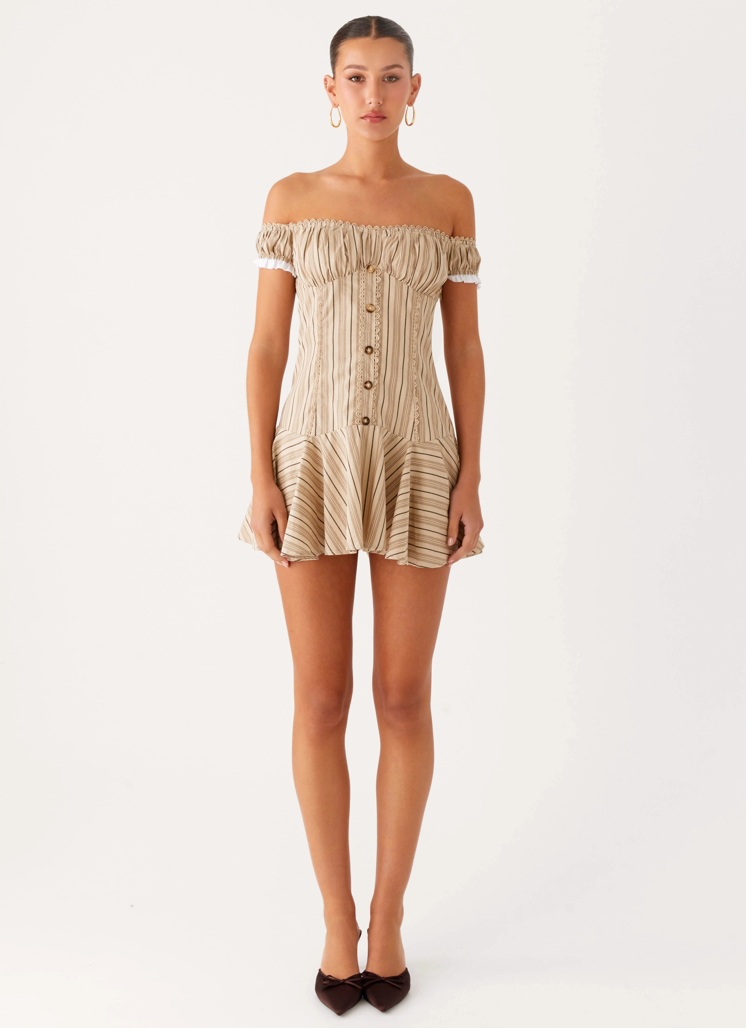 Jumana Off Shoulder Mini Dress - Off White Stripe Relaxed Vibe Confident Mood