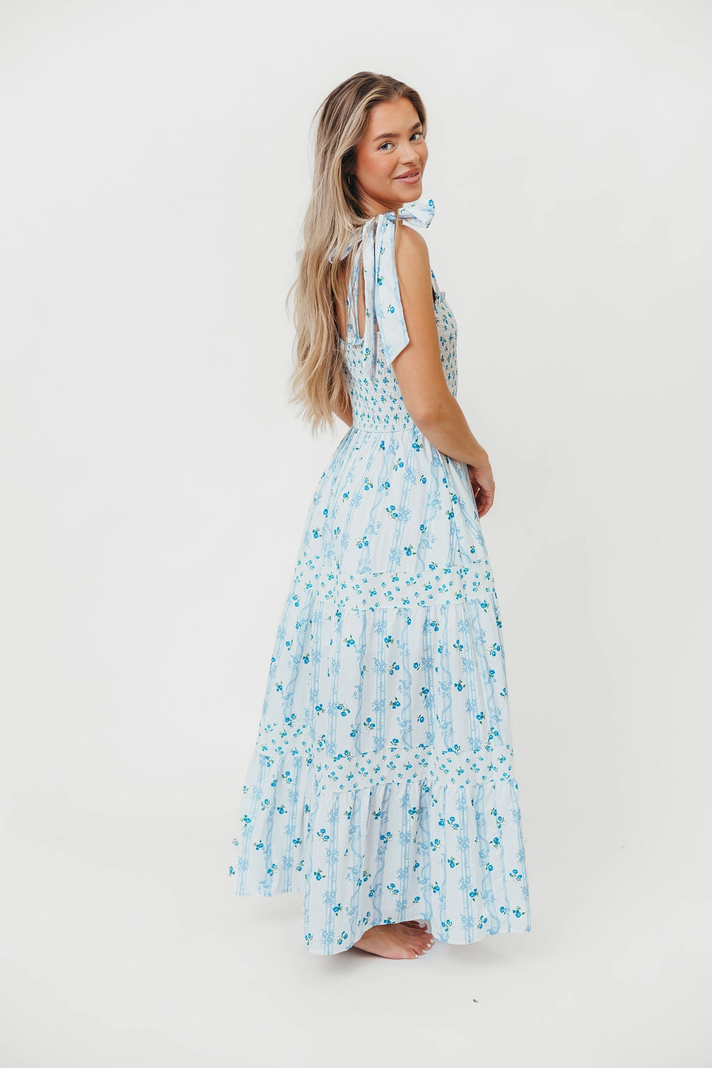 Soft Glide Cozy Base Kathryn Tie Shoulder Maxi Dress in Ivory/Blue Floral *Final-Sale*