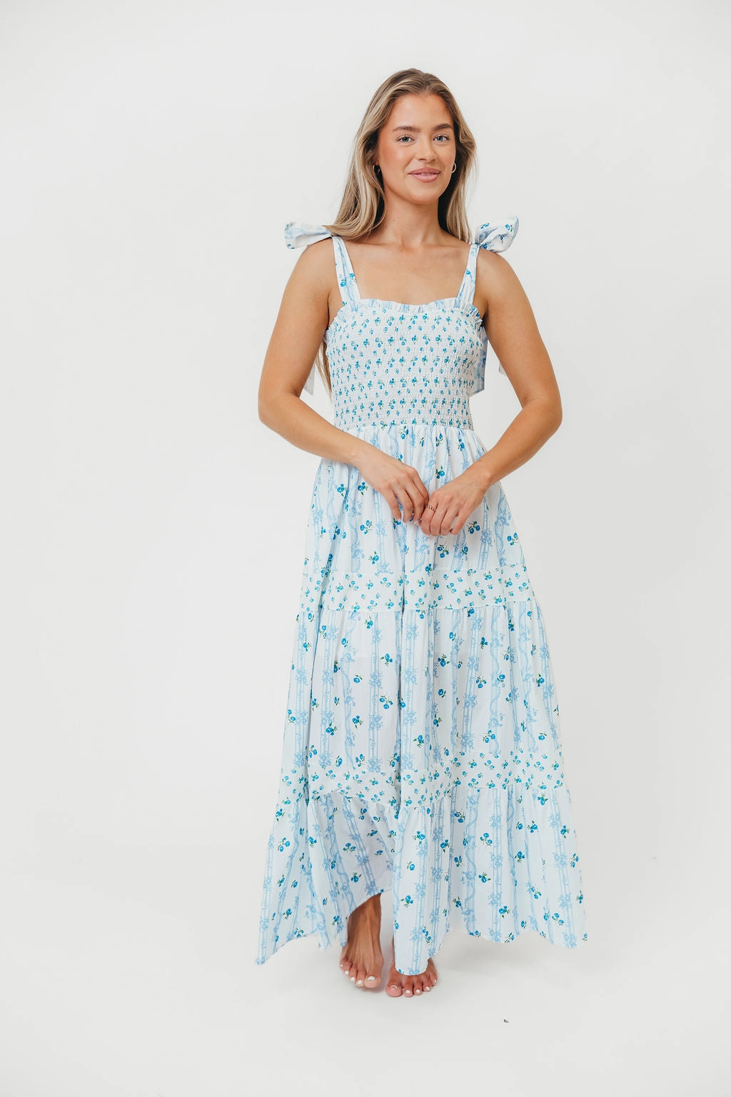 Chill Lines Casual Core Kathryn Tie Shoulder Maxi Dress in Ivory/Blue Floral *Final-Sale*