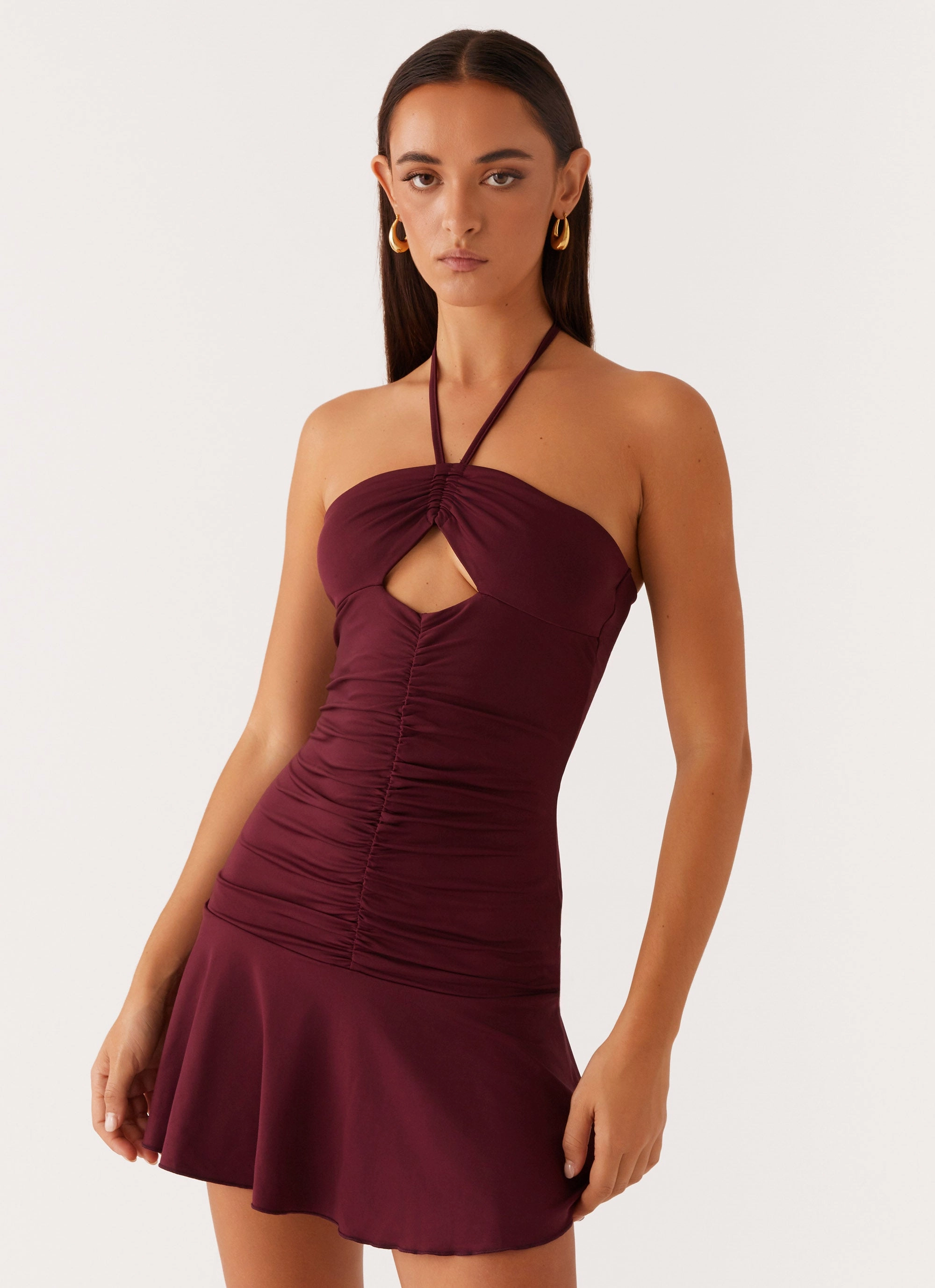 Sleek Draping Timeless Wearable Katrina Halterneck Mini Dress - Deep Maroon