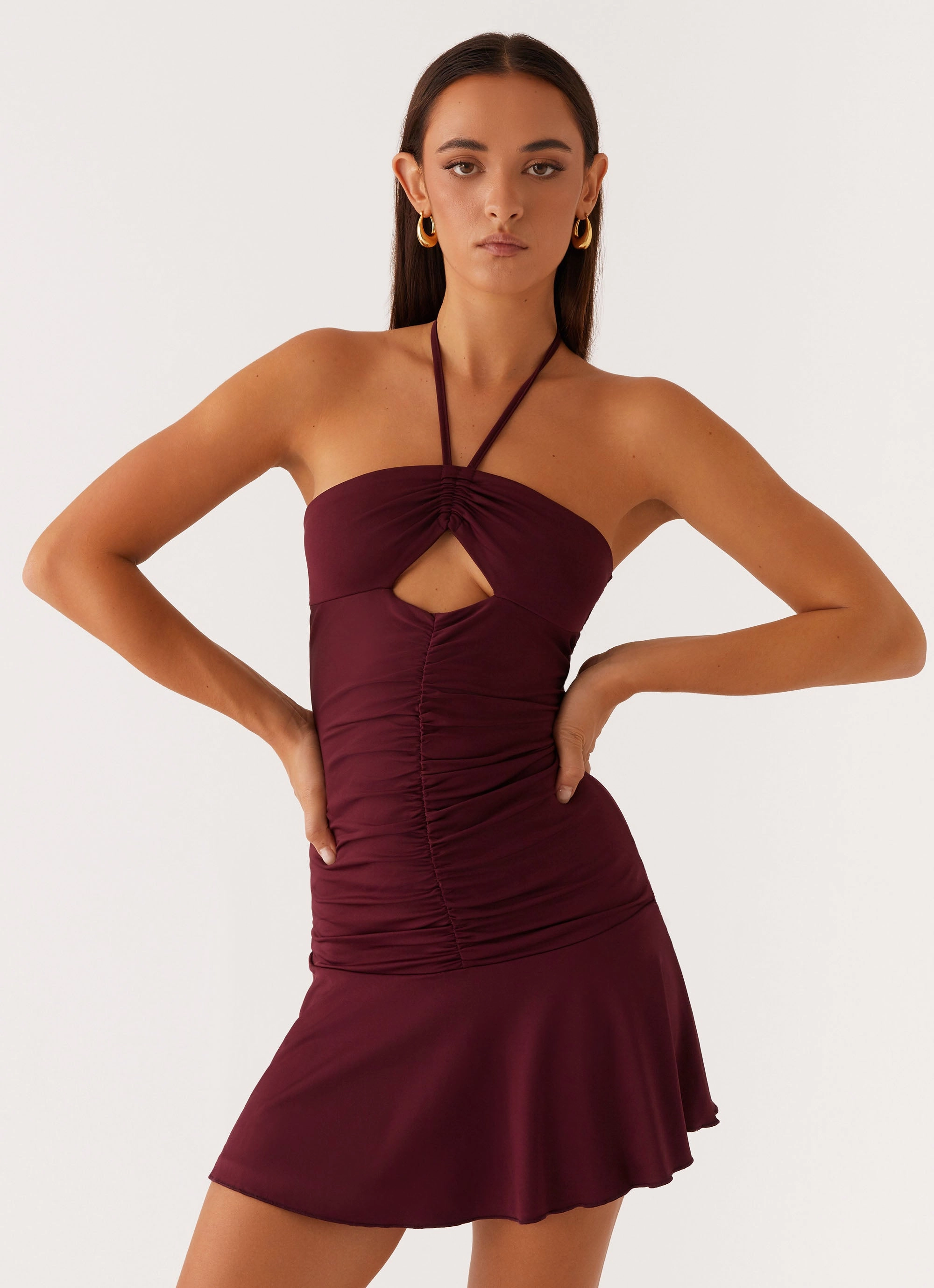 Perfect Design Katrina Halterneck Mini Dress - Deep Maroon
