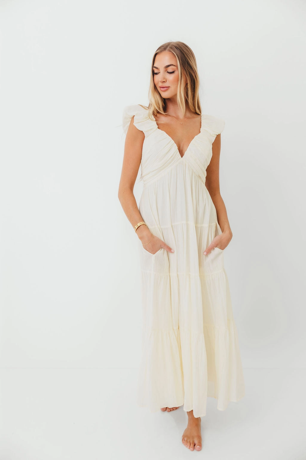 Katy Pleated Bodice Maxi Dress in Cream - Bump Friendly - Restocking End of Sept Street Casual Confident Mood