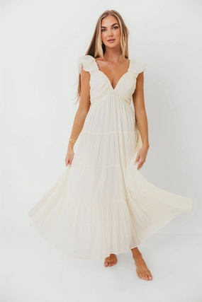 Katy Pleated Bodice Maxi Dress in Cream - Bump Friendly - Restocking End of Sept Date night Balanced Fit