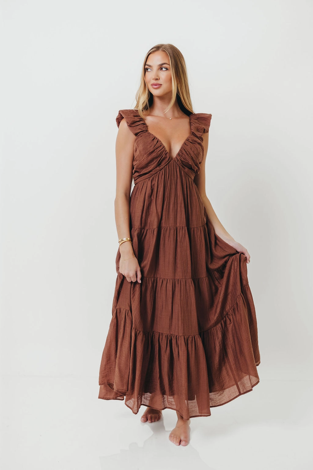 Subtle Glam Katy Pleated Bodice Maxi Dress in Hazelnut - Bump Friendly