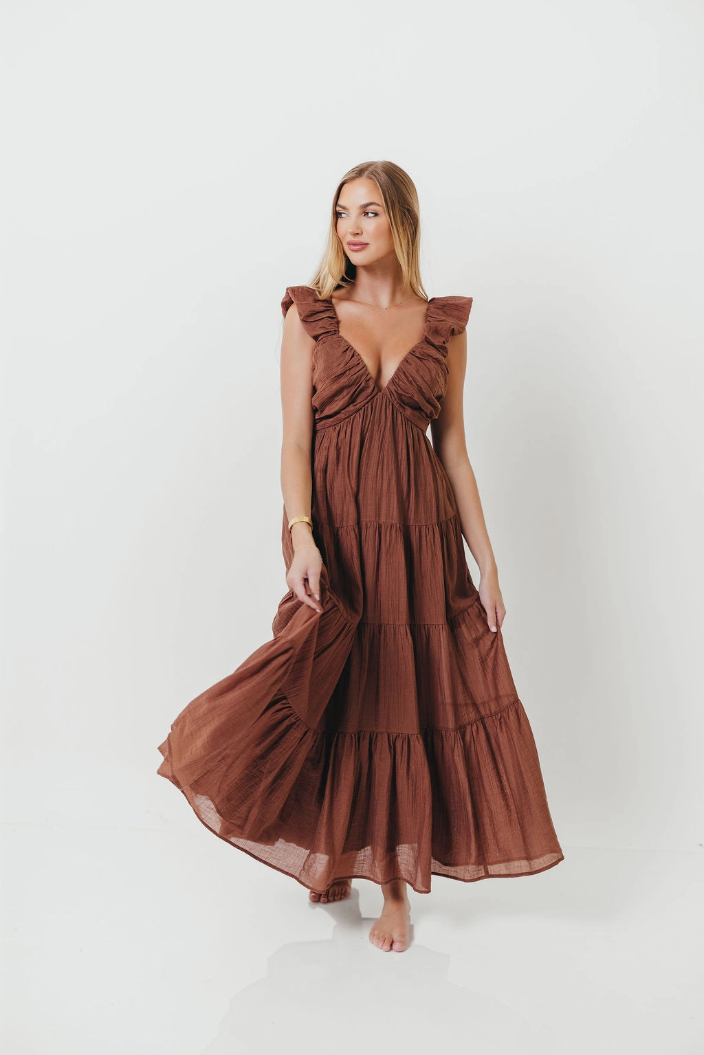Katy Pleated Bodice Maxi Dress in Hazelnut - Bump Friendly Artistic Detail Subtle Drape