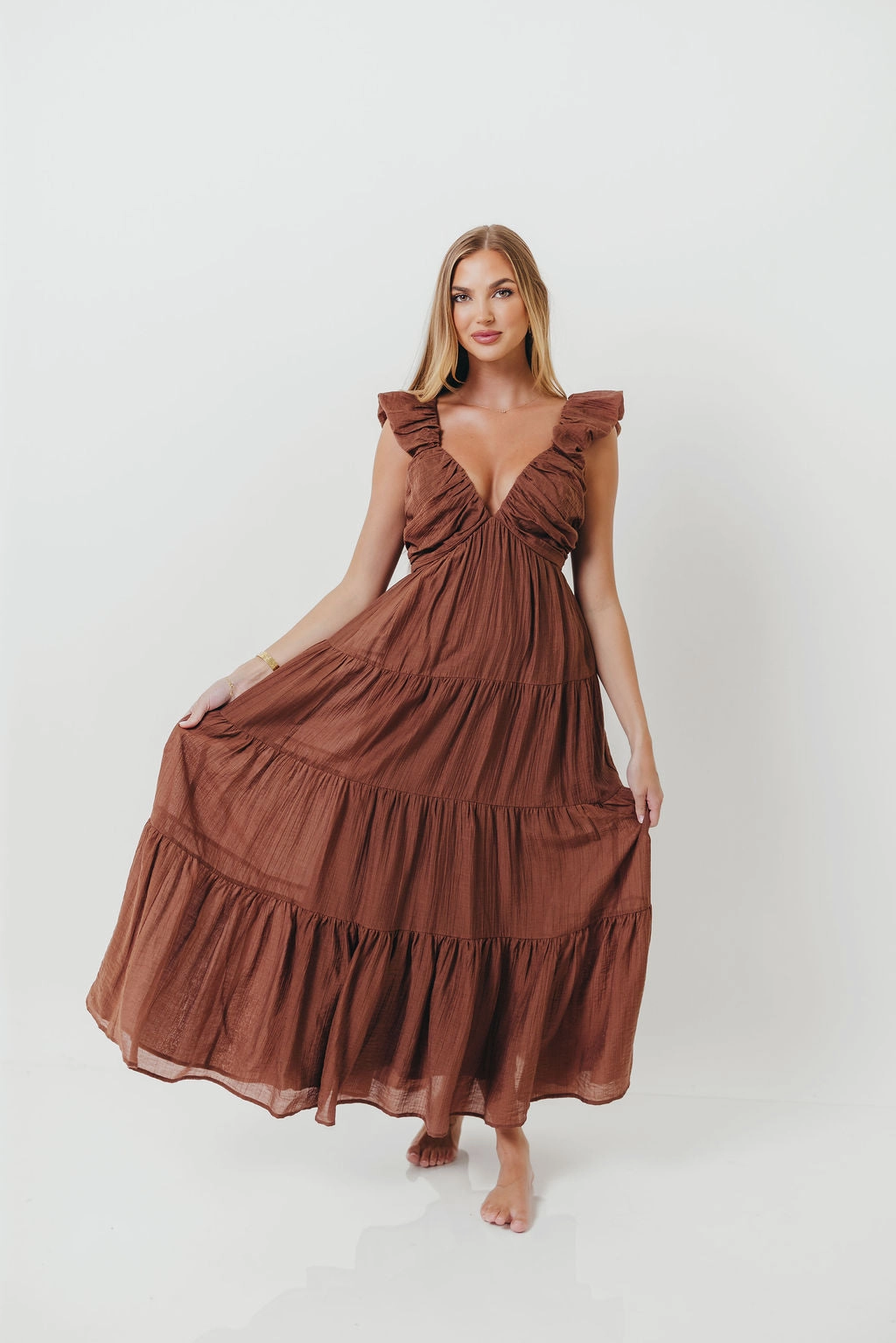 Katy Pleated Bodice Maxi Dress in Hazelnut - Bump Friendly Party outfit Light Finish