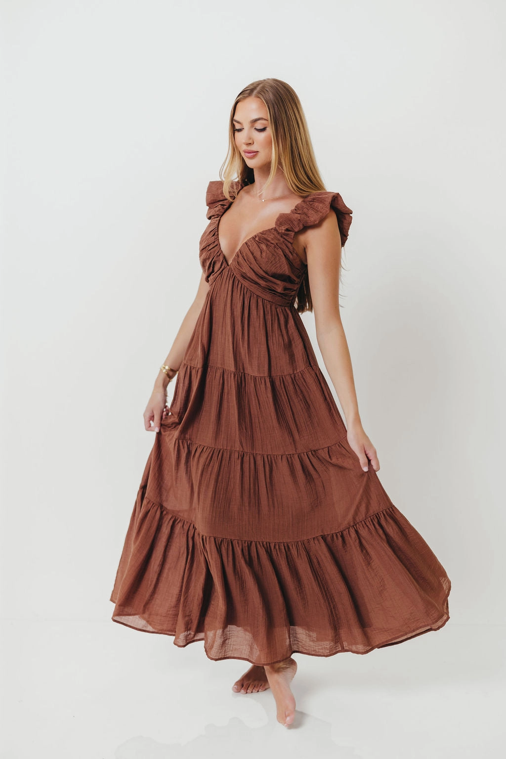 Trend Glow Katy Pleated Bodice Maxi Dress in Hazelnut - Bump Friendly