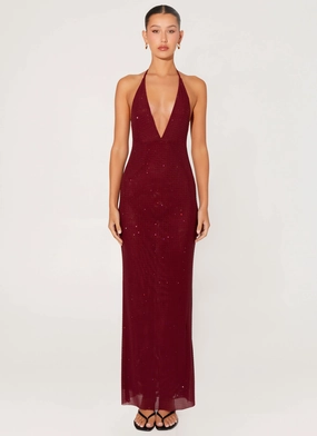 Pleated design Keliese Beaded Maxi Dress - Burgundy