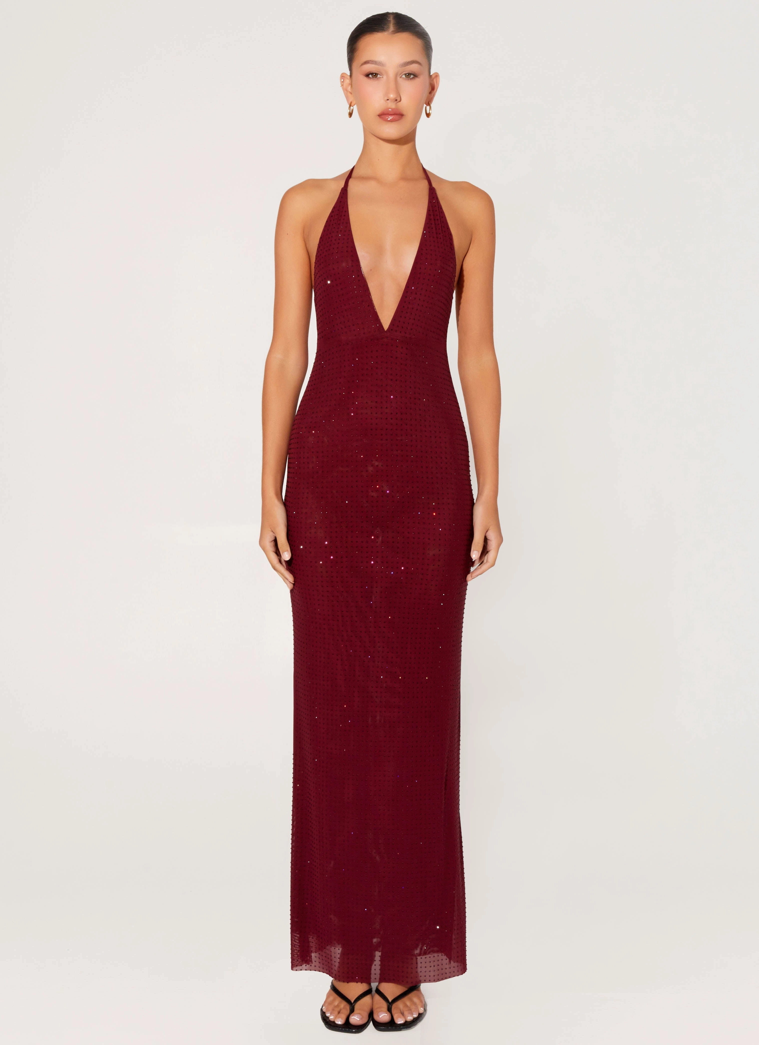 Pleated design Keliese Beaded Maxi Dress - Burgundy