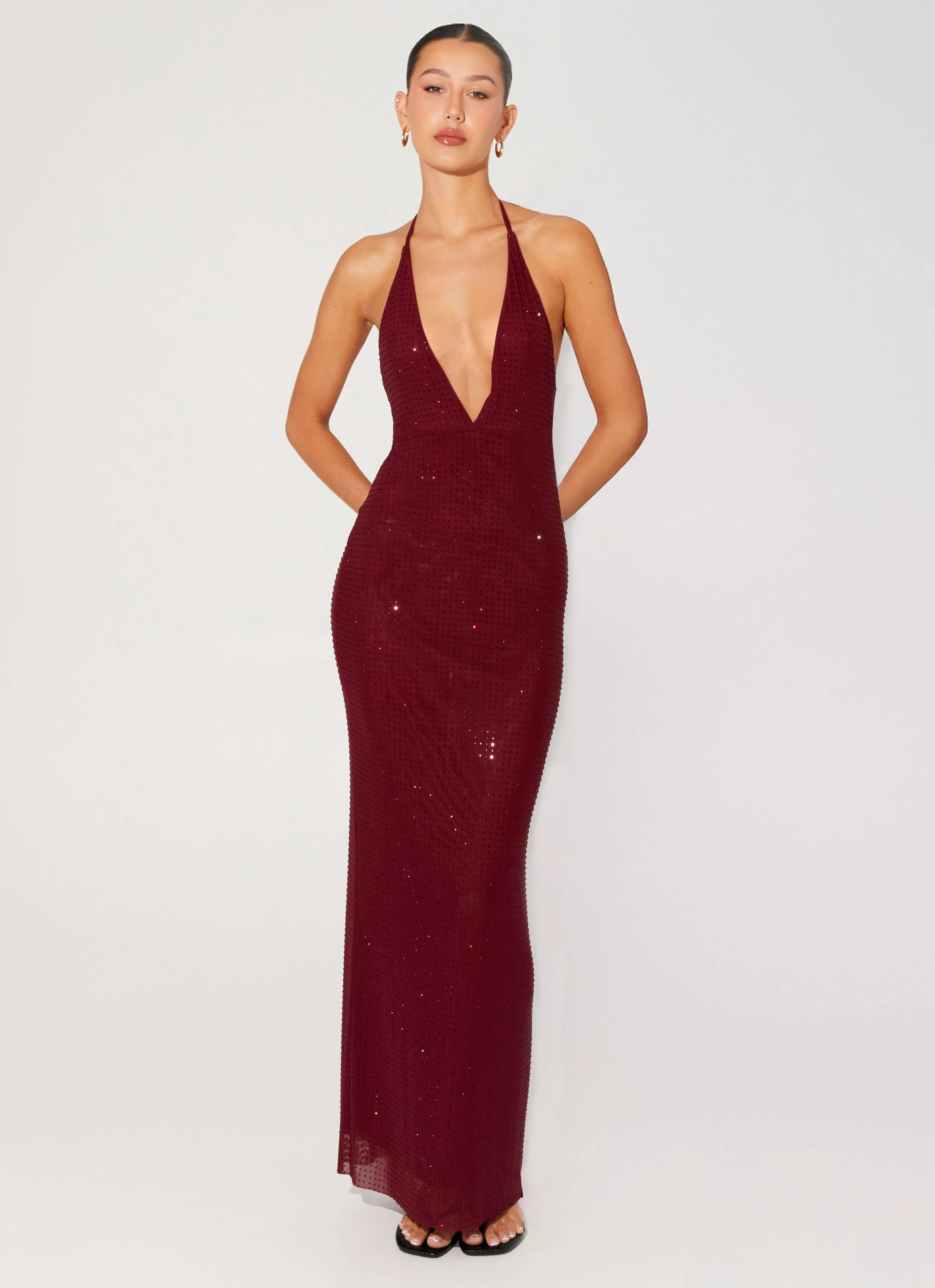 Keliese Beaded Maxi Dress - Burgundy Shiny Zip