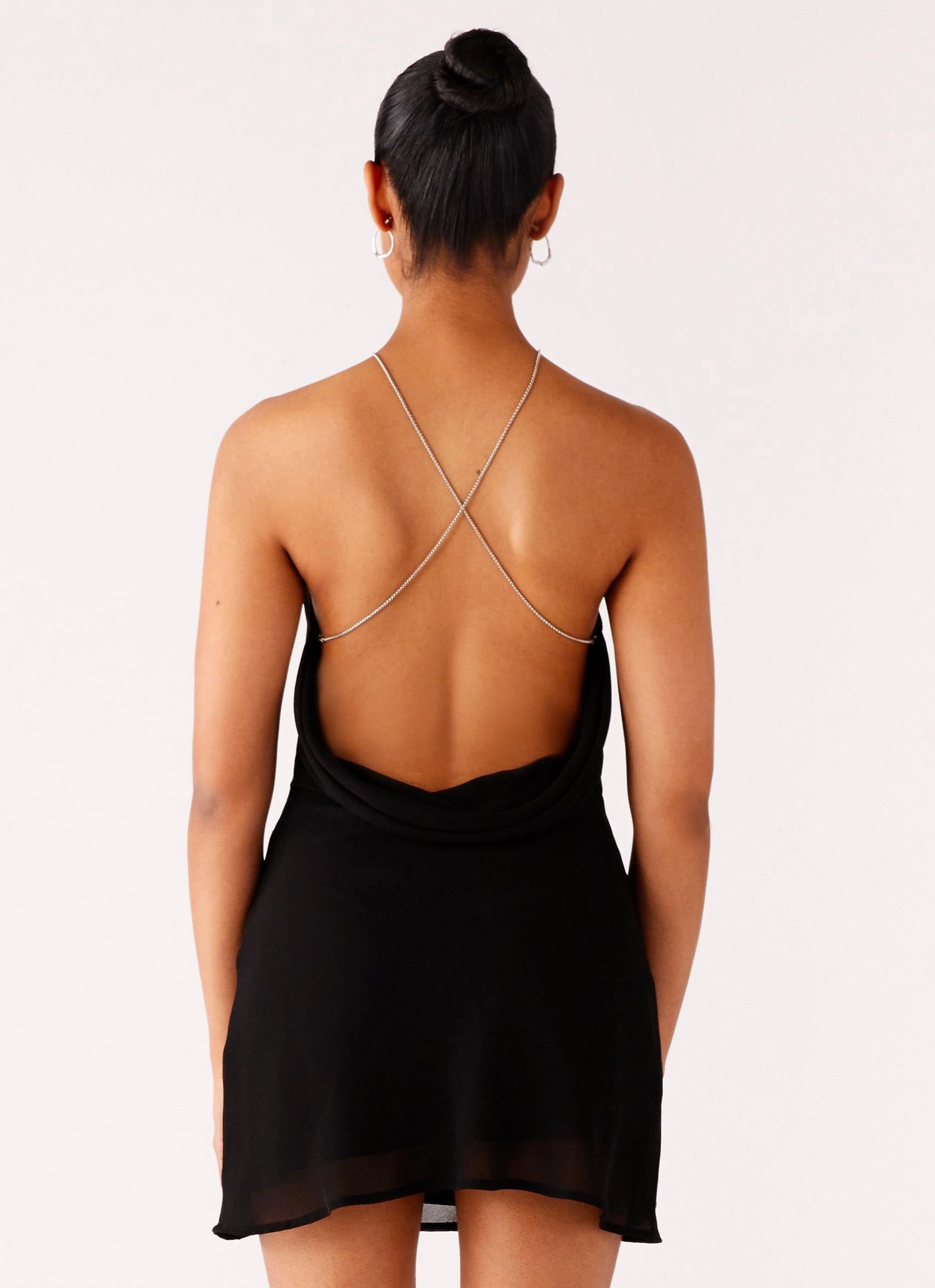 Key Hole Cowl Neckline Mini Dress - Black Soft Comfort Romantic-Detail