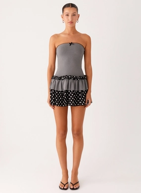 Linen Chic Yerin Strapless Frill Mini Dress - Grey Polkadot
