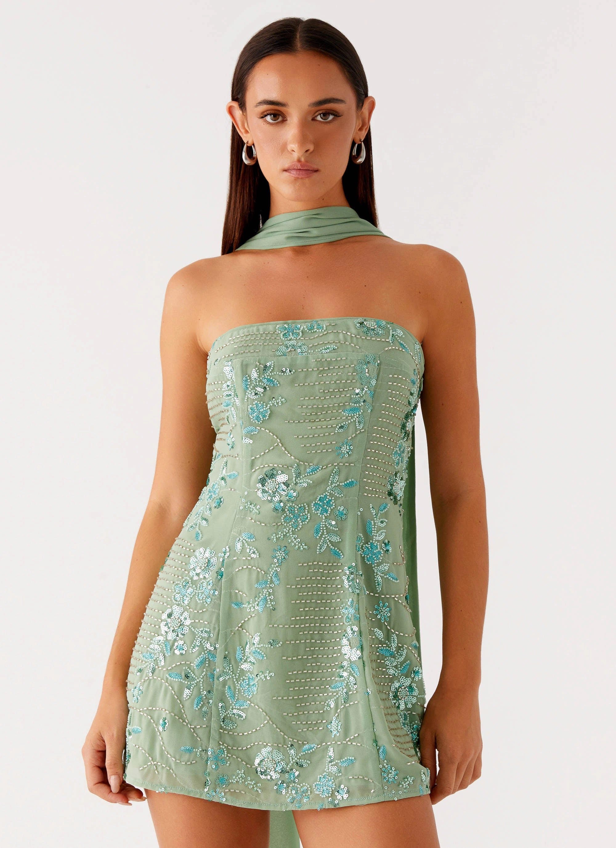 Kiesha Strapless Scarf Mini Dress - Mint Premium Quality
