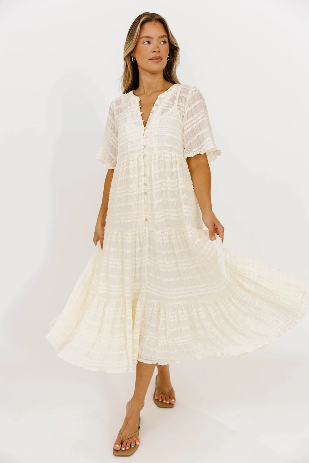 Kristin Tiered Woven Maxi Dress with Detachable Liner in Ivory - Bump Friendly Delicate Finish