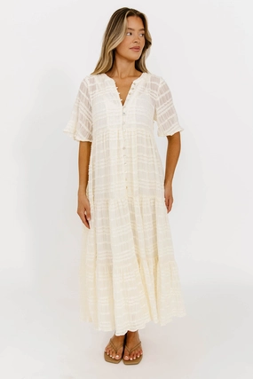 Interchangeable-Detail Tie-Detail Kristin Tiered Woven Maxi Dress with Detachable Liner in Ivory - Bump Friendly