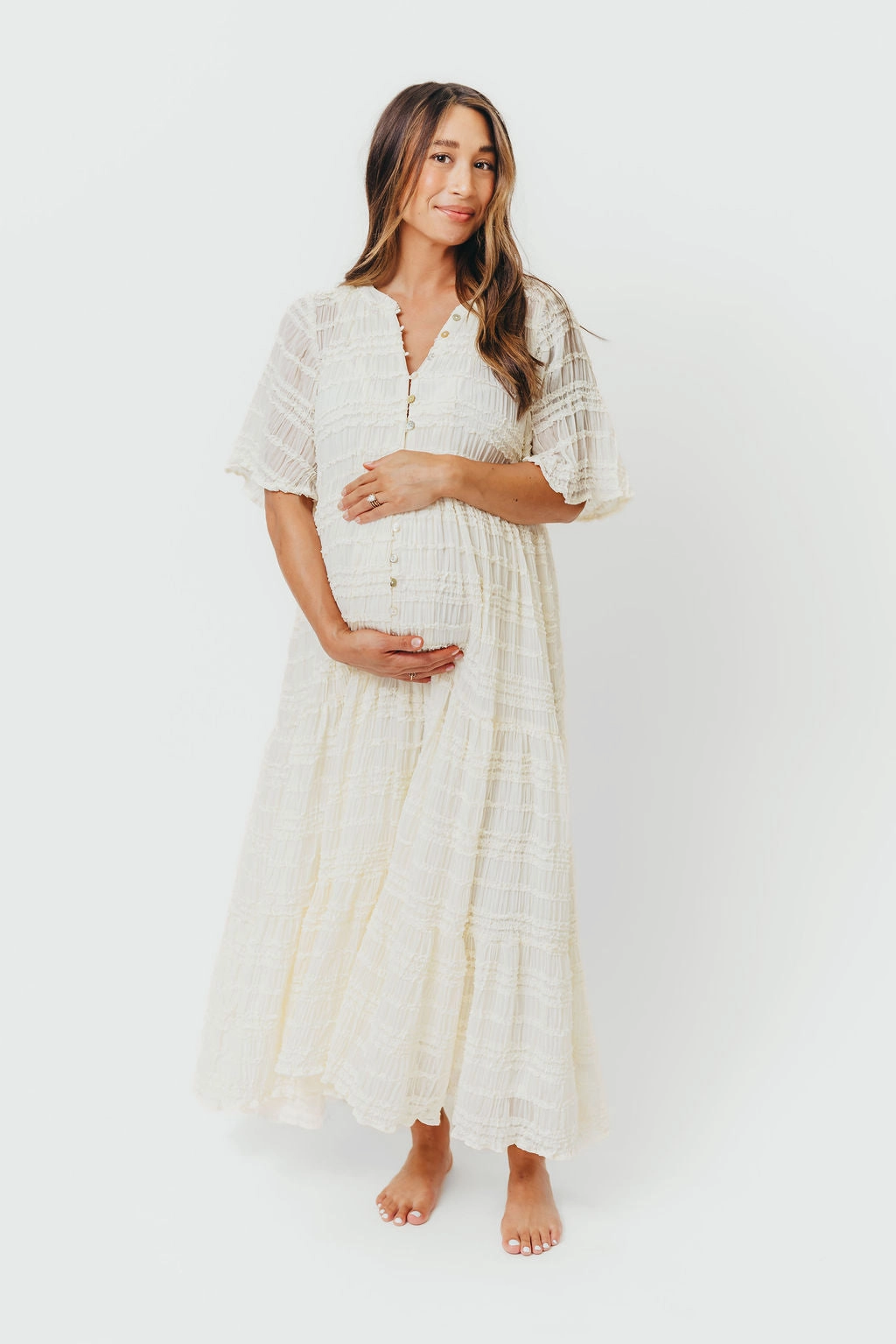 Sophisticated Appeal Kristin Tiered Woven Maxi Dress with Detachable Liner in Ivory - Bump Friendly