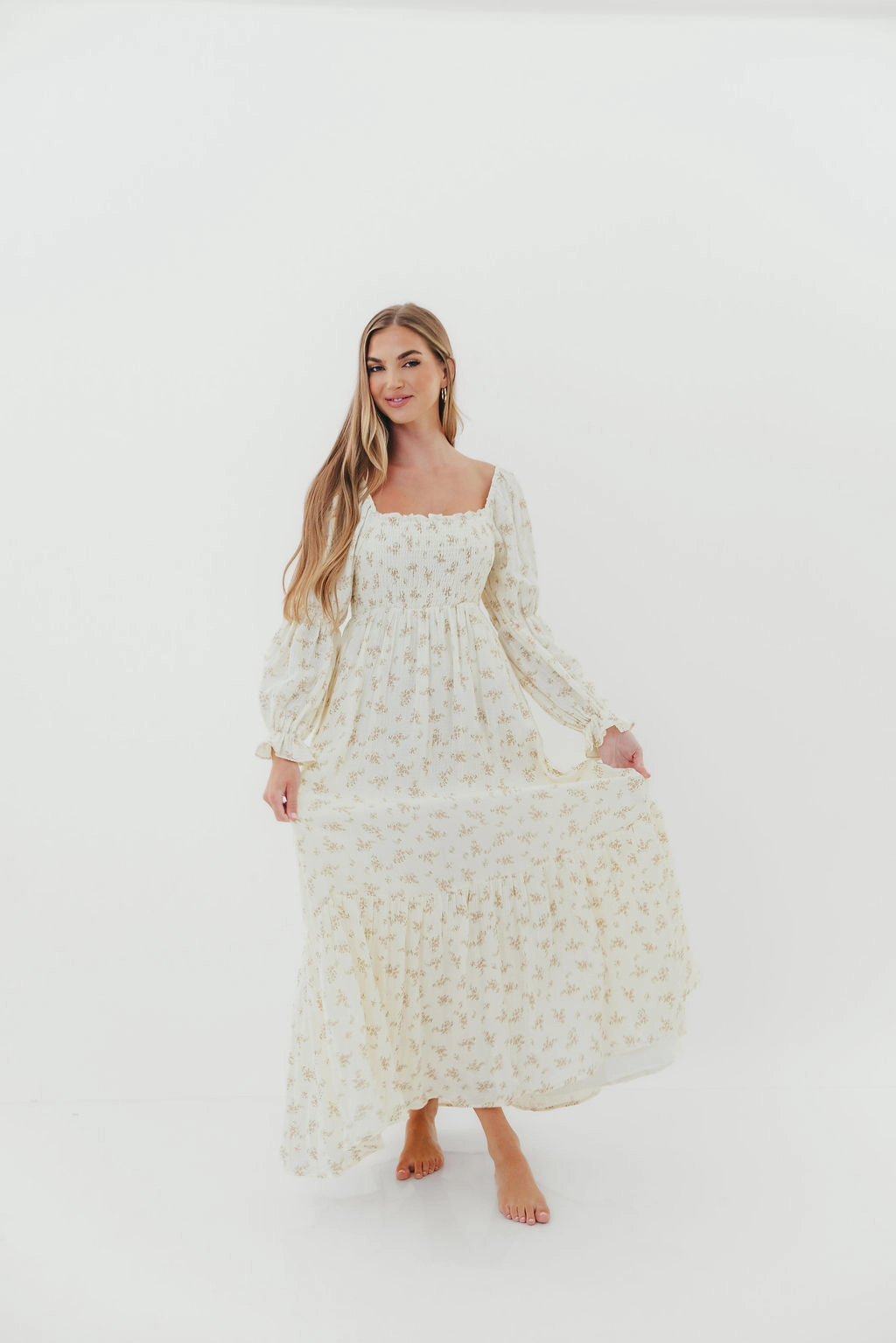 Emerson Smocked Maxi Dress in Blush Floral Hip-Flattering