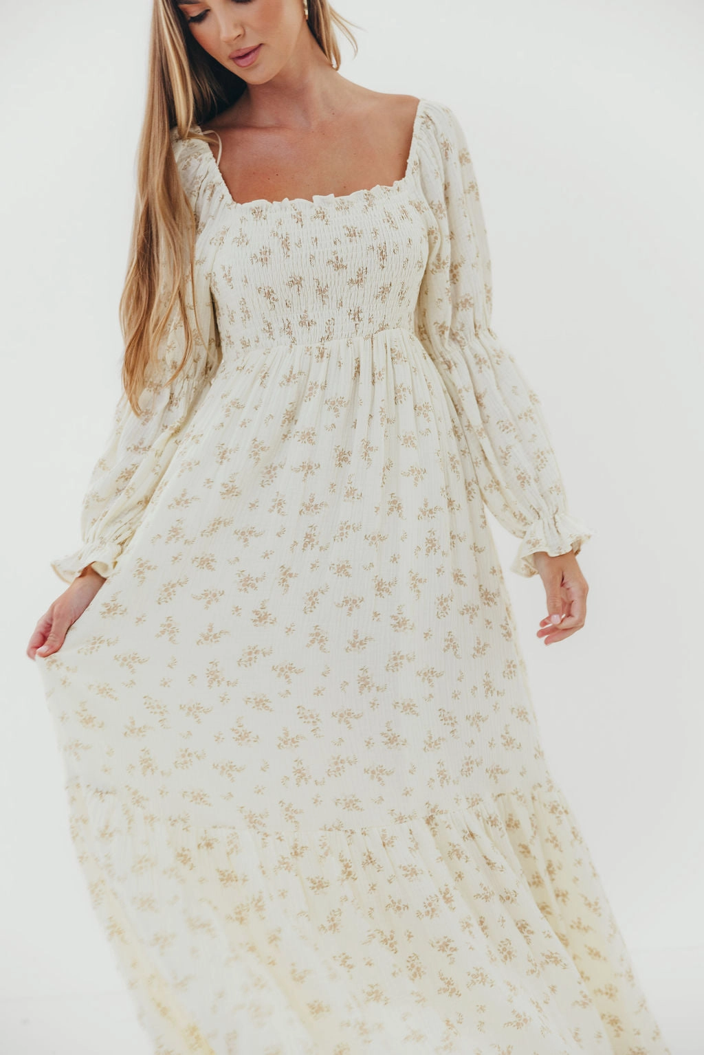 Emerson Smocked Maxi Dress in Blush Floral Understated Glam