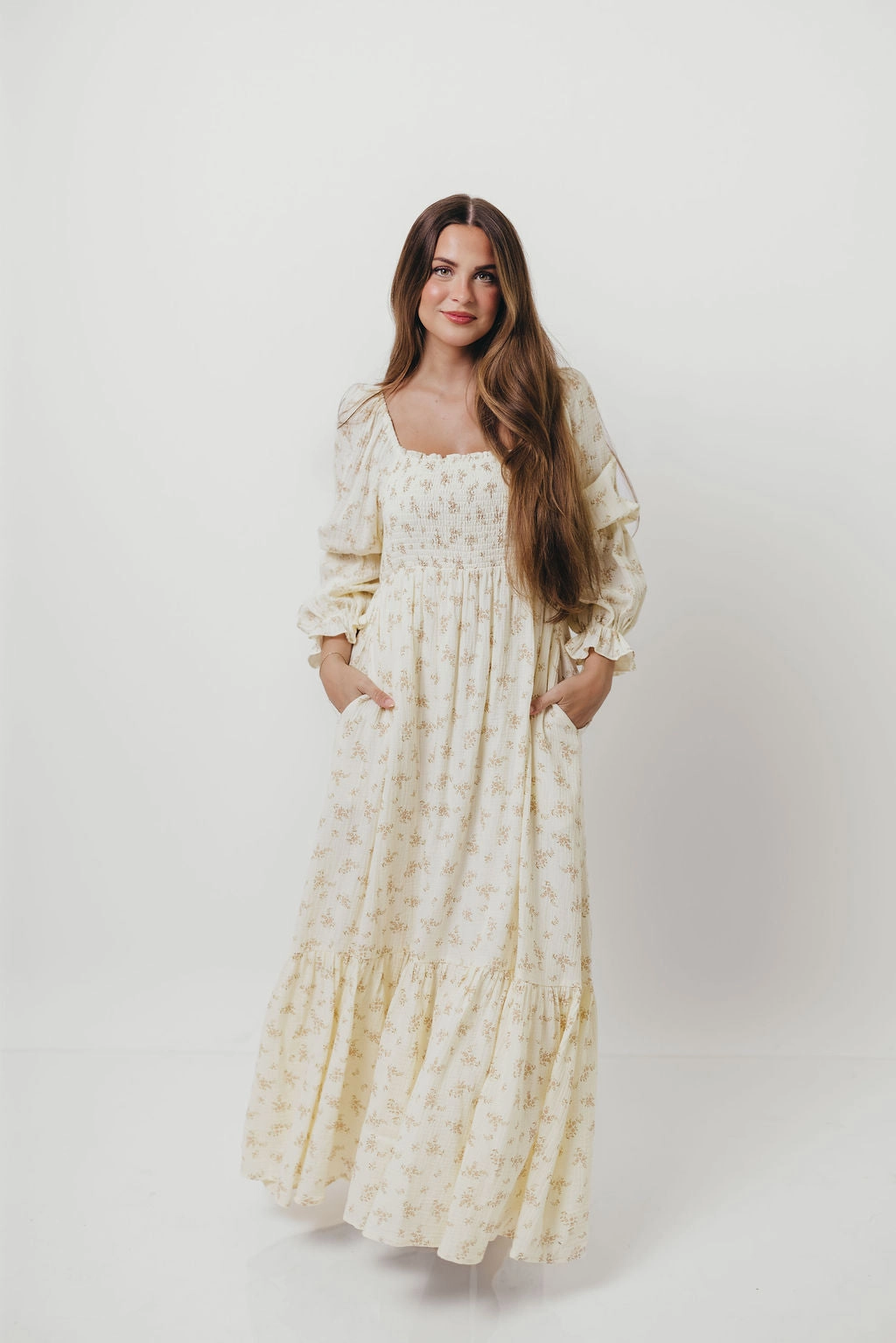 Emerson Smocked Maxi Dress in Blush Floral Contrast-Piping